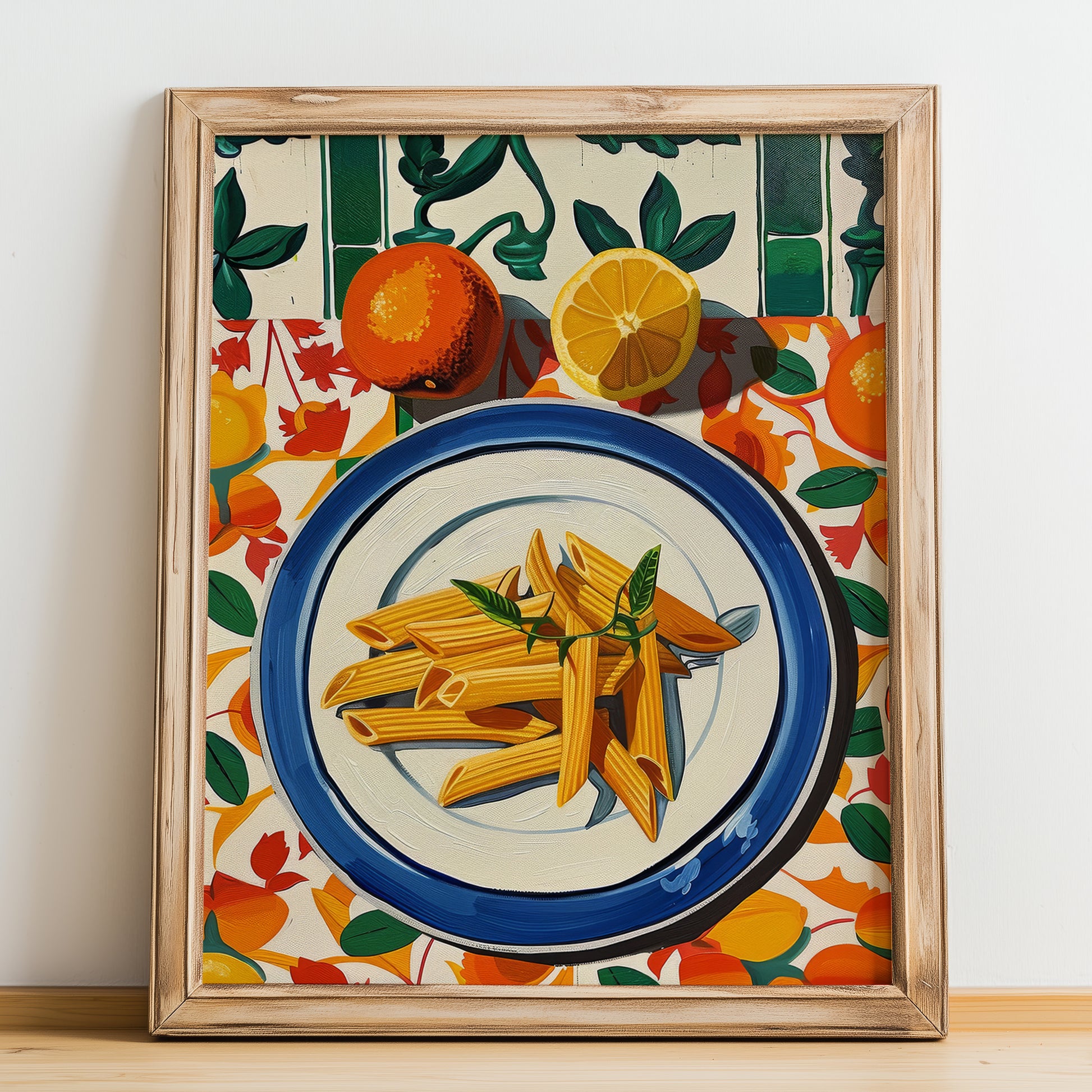 Penne – Italian Pasta, Trattoria Painting, no-text version framed in wood