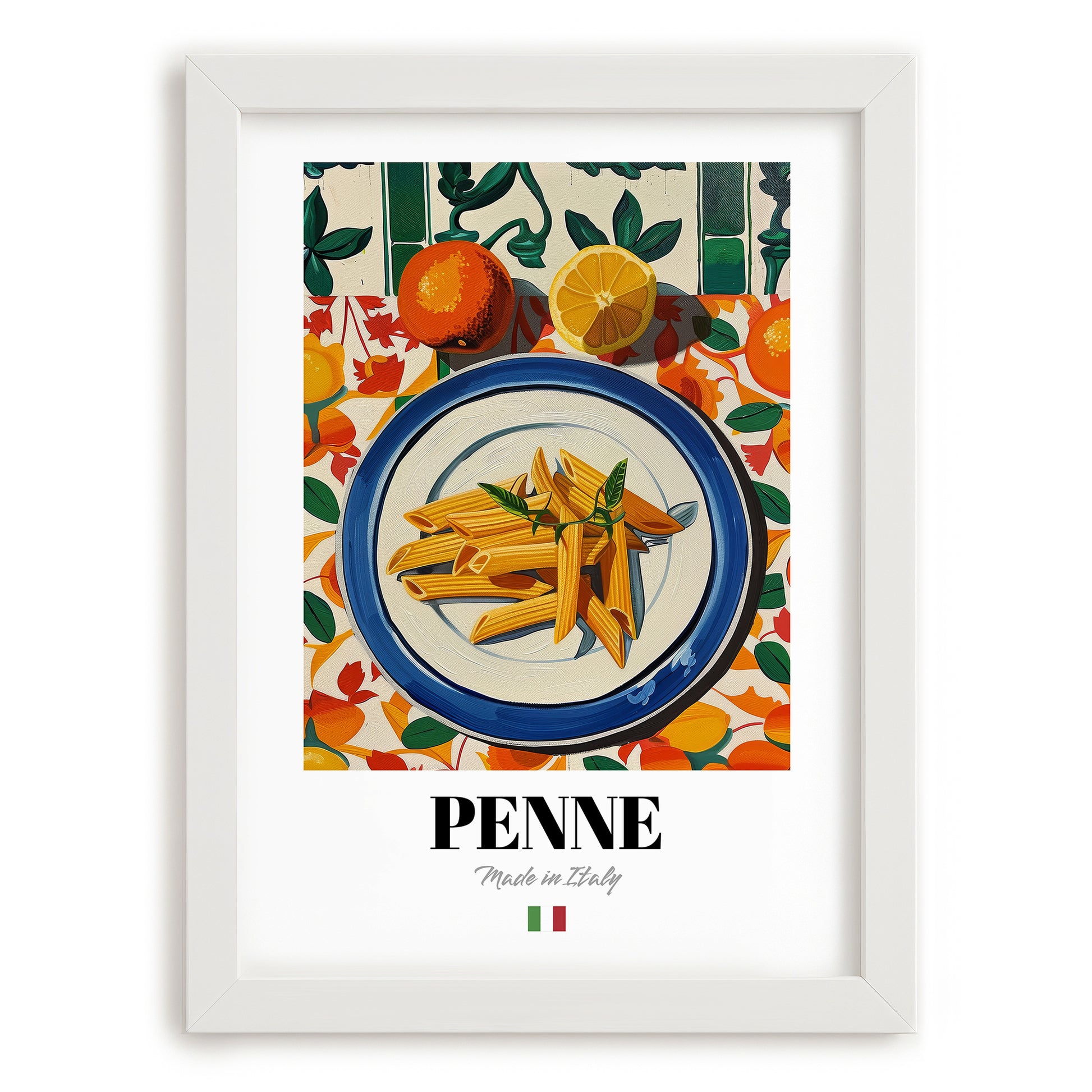 Penne – Italian Pasta, Trattoria Painting, placed in minimal white frame