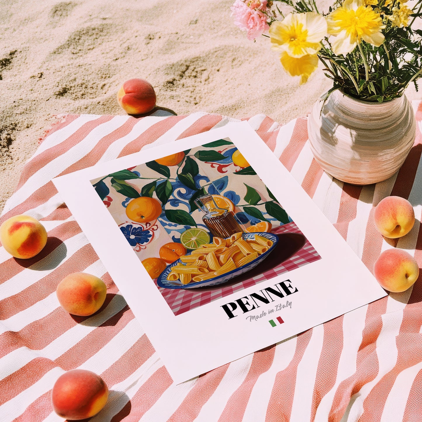 Penne – Italian Pasta, Ristorante Art, unframed on coastal sand