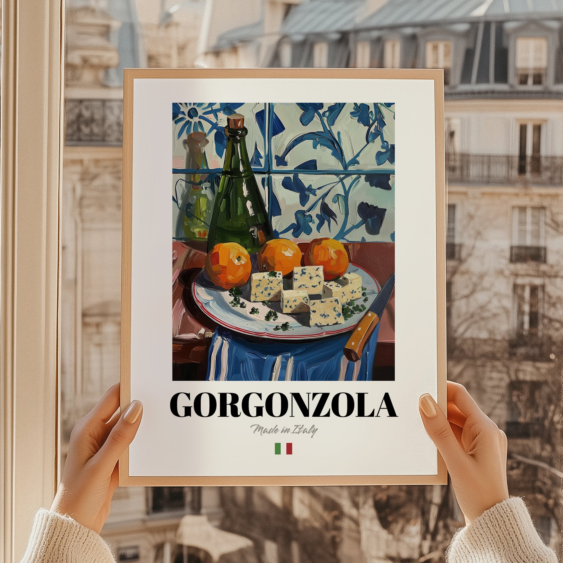 Gorgonzola – Italian Cheese Dish, Bistro Print, styled in a charming Paris street view