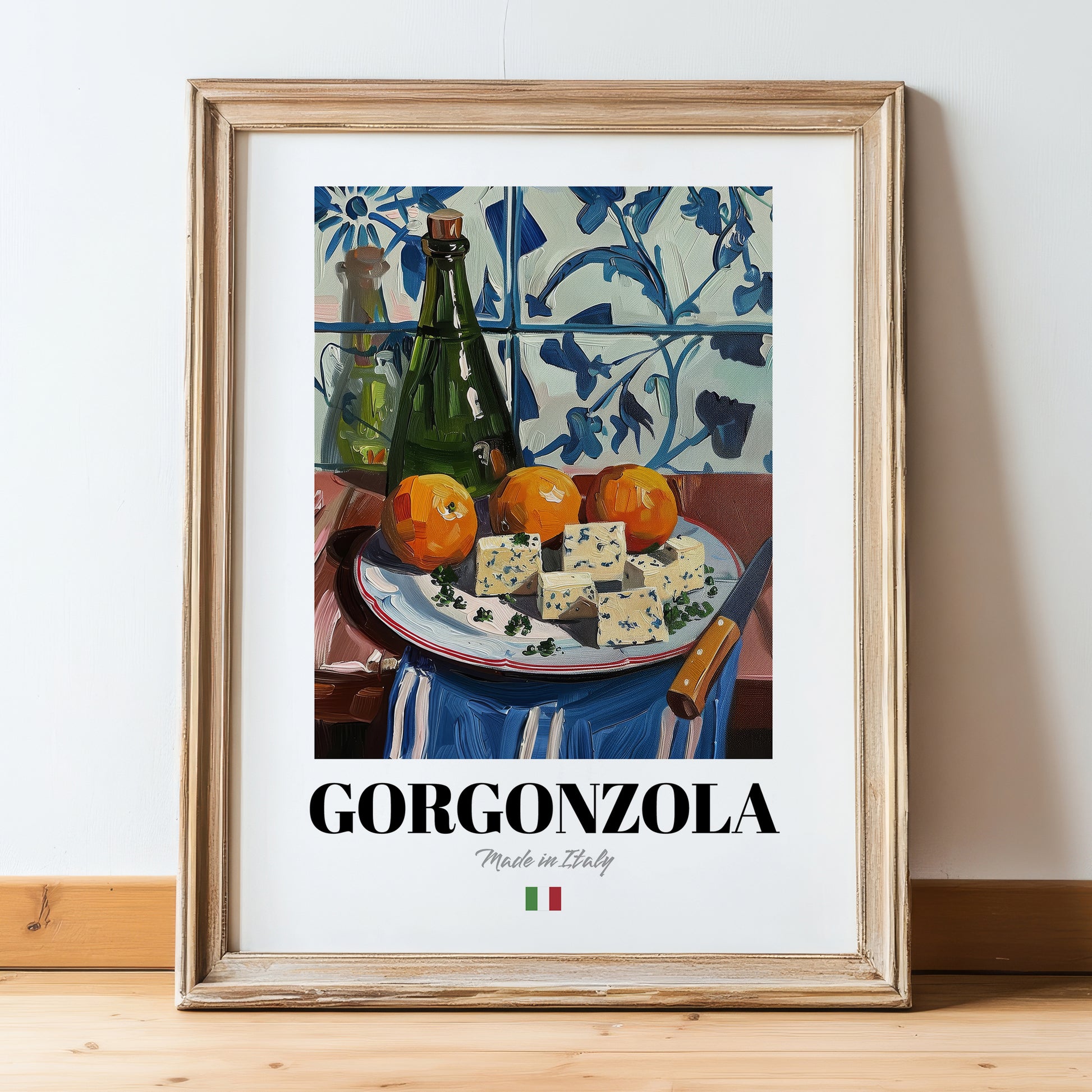 Gorgonzola – Italian Cheese Dish, Bistro Print, in wooden frame leaning on the floor