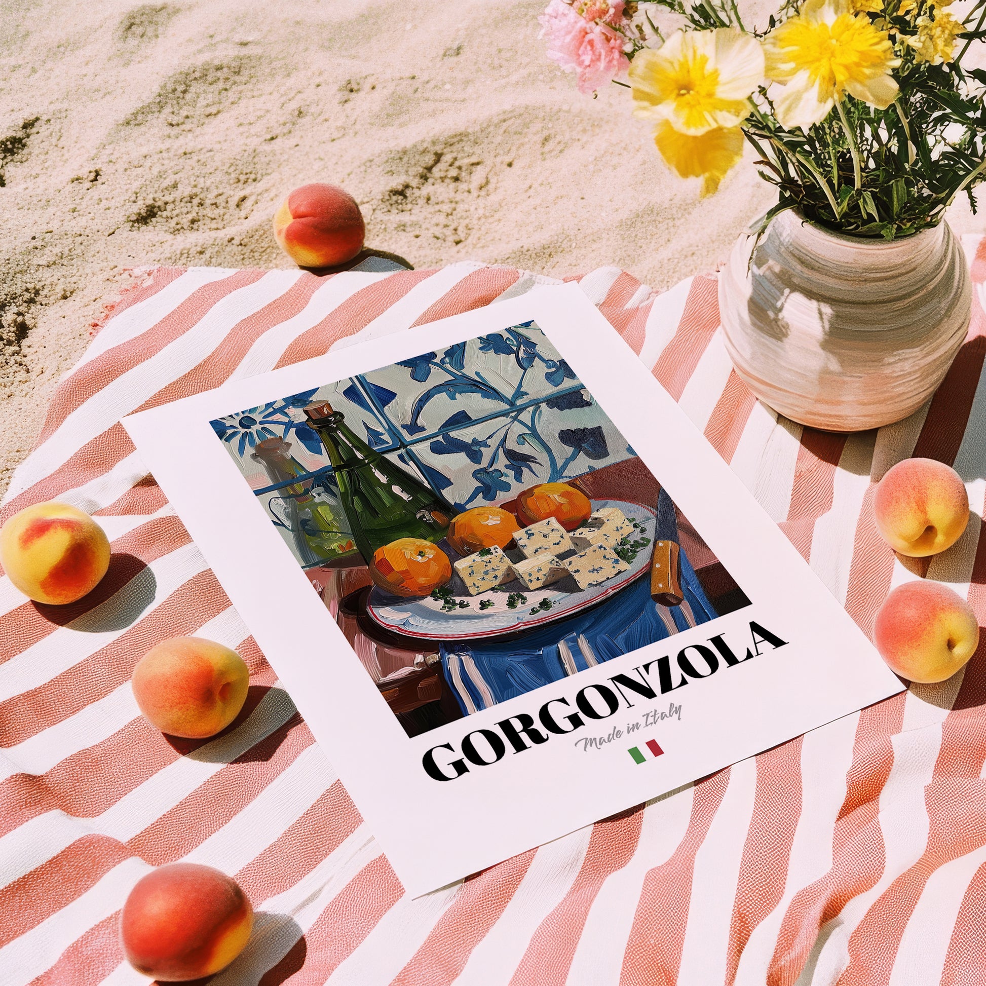 Gorgonzola – Italian Cheese Dish, Bistro Print, unframed on coastal sand