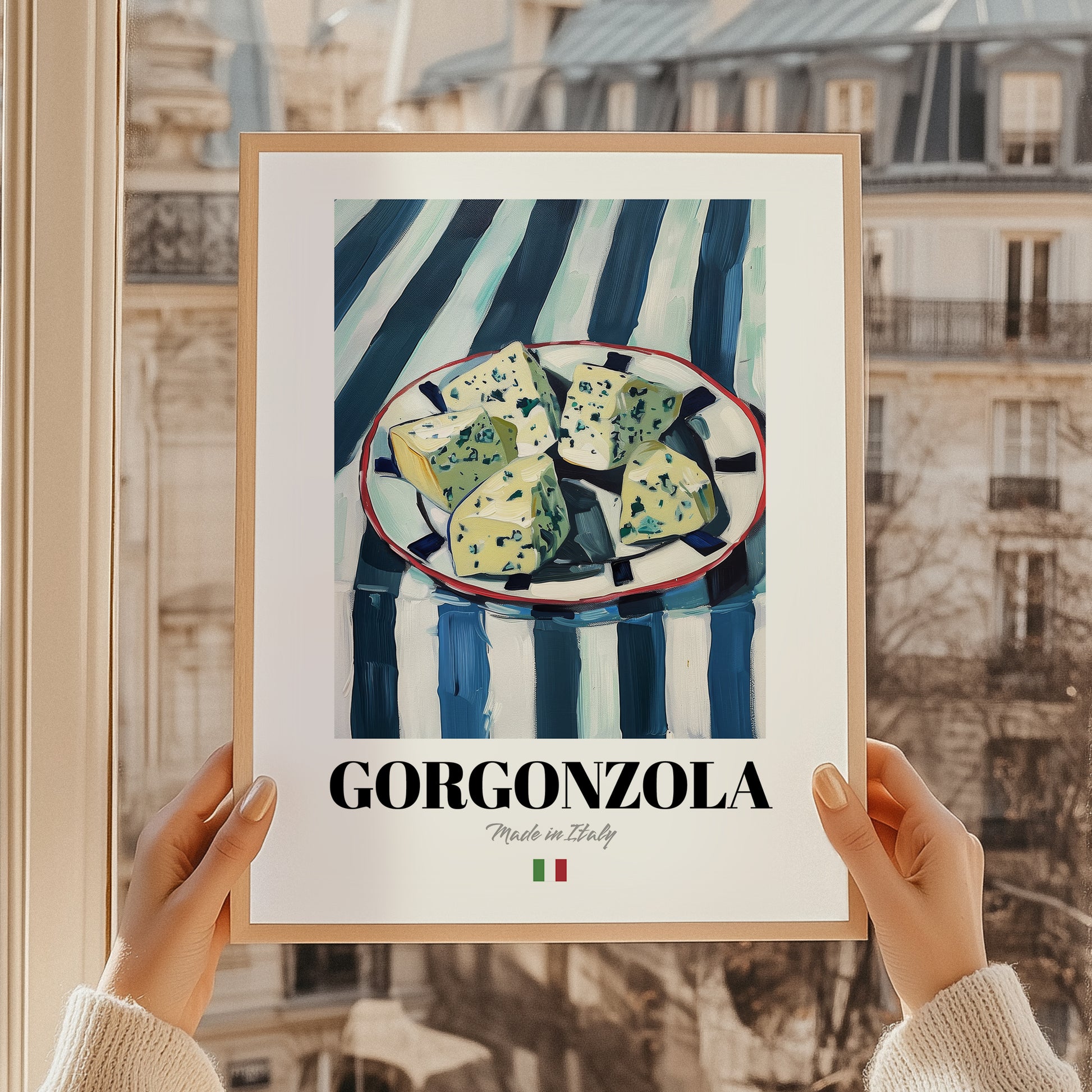 Gorgonzola – Italian Cheese Dish, Café Poster, styled in a charming Paris street view