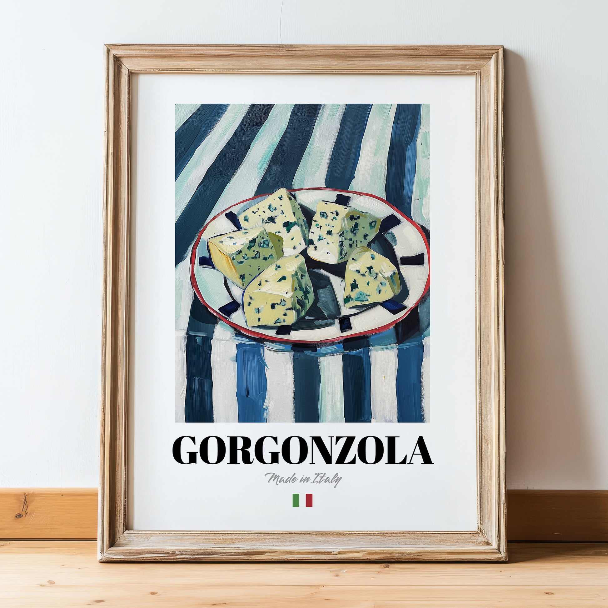 Gorgonzola – Italian Cheese Dish, Café Poster, in wooden frame leaning on the floor