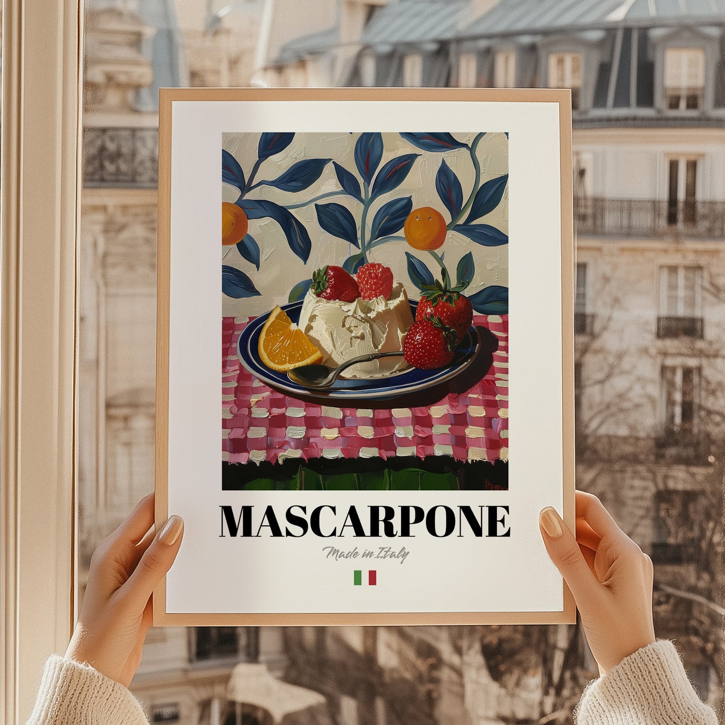 Mascarpone – Italian Cheese Dish, Café Poster, styled in a charming Paris street view
