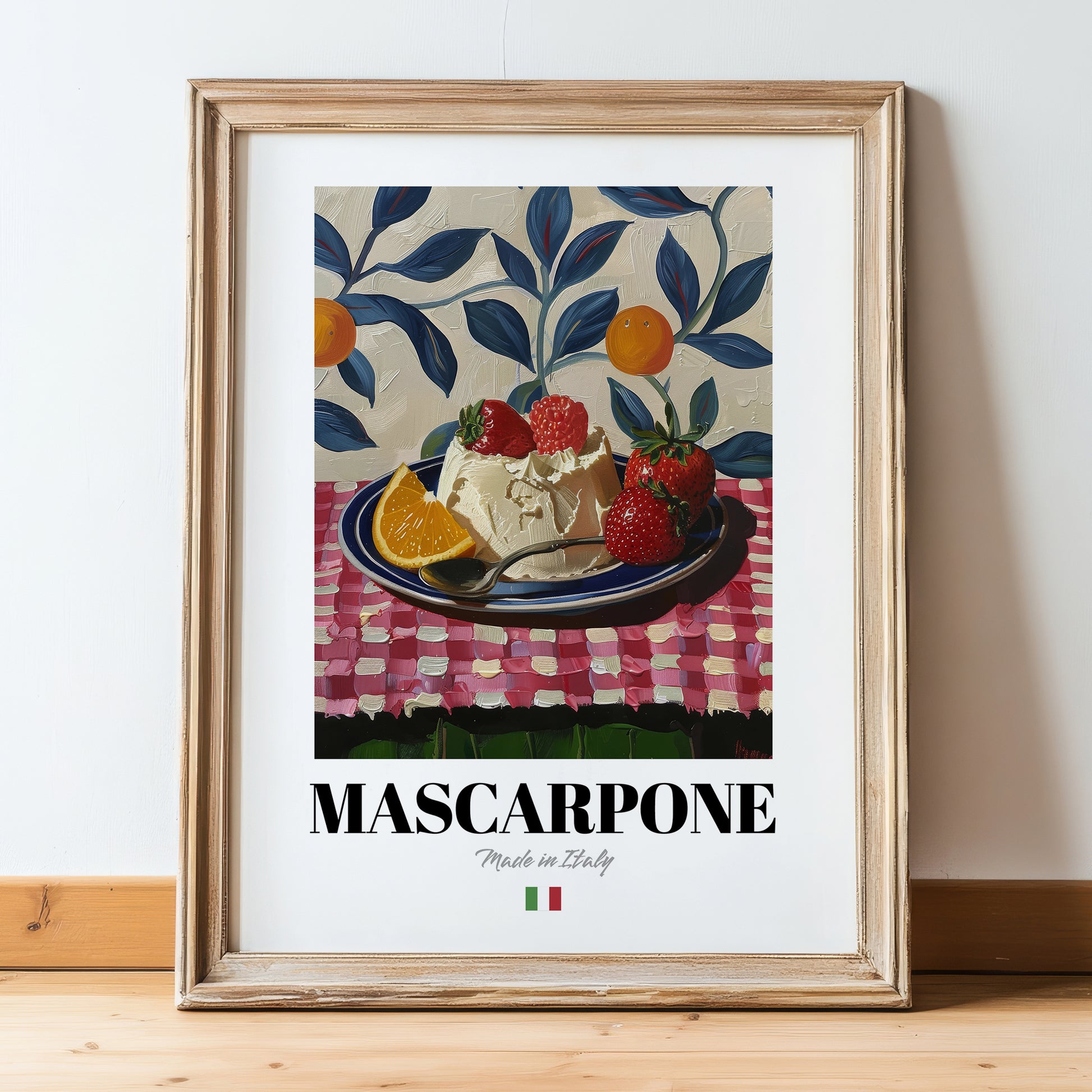 Mascarpone – Italian Cheese Dish, Café Poster, in wooden frame leaning on the floor