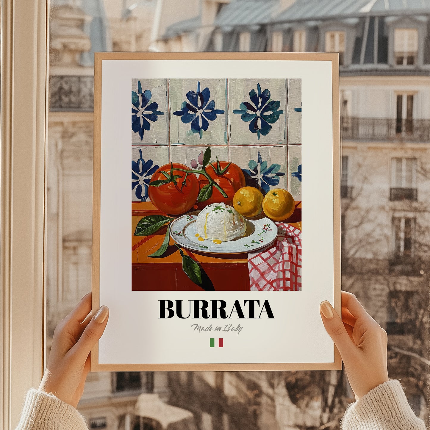 Burrata – Italian Cheese Dish, Tavern Poster, styled in a charming Paris street view