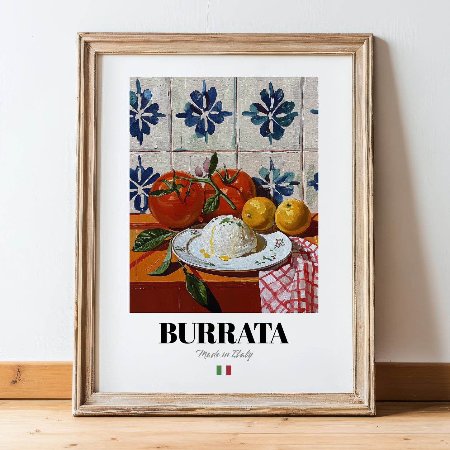 Burrata – Italian Cheese Dish, Tavern Poster, in wooden frame leaning on the floor