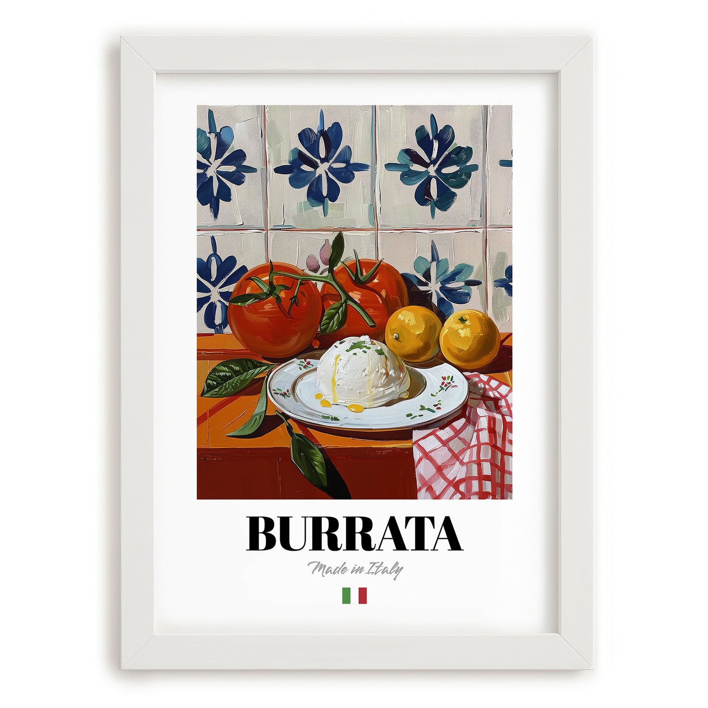 Burrata – Italian Cheese Dish, Tavern Poster, placed in minimal white frame