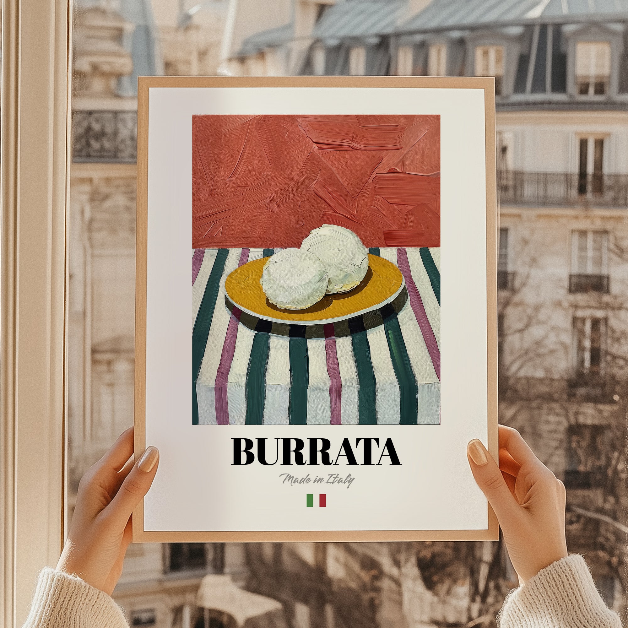 Burrata – Italian Cheese Dish, Fine Dining Restaurant Poster, styled in a charming Paris street view