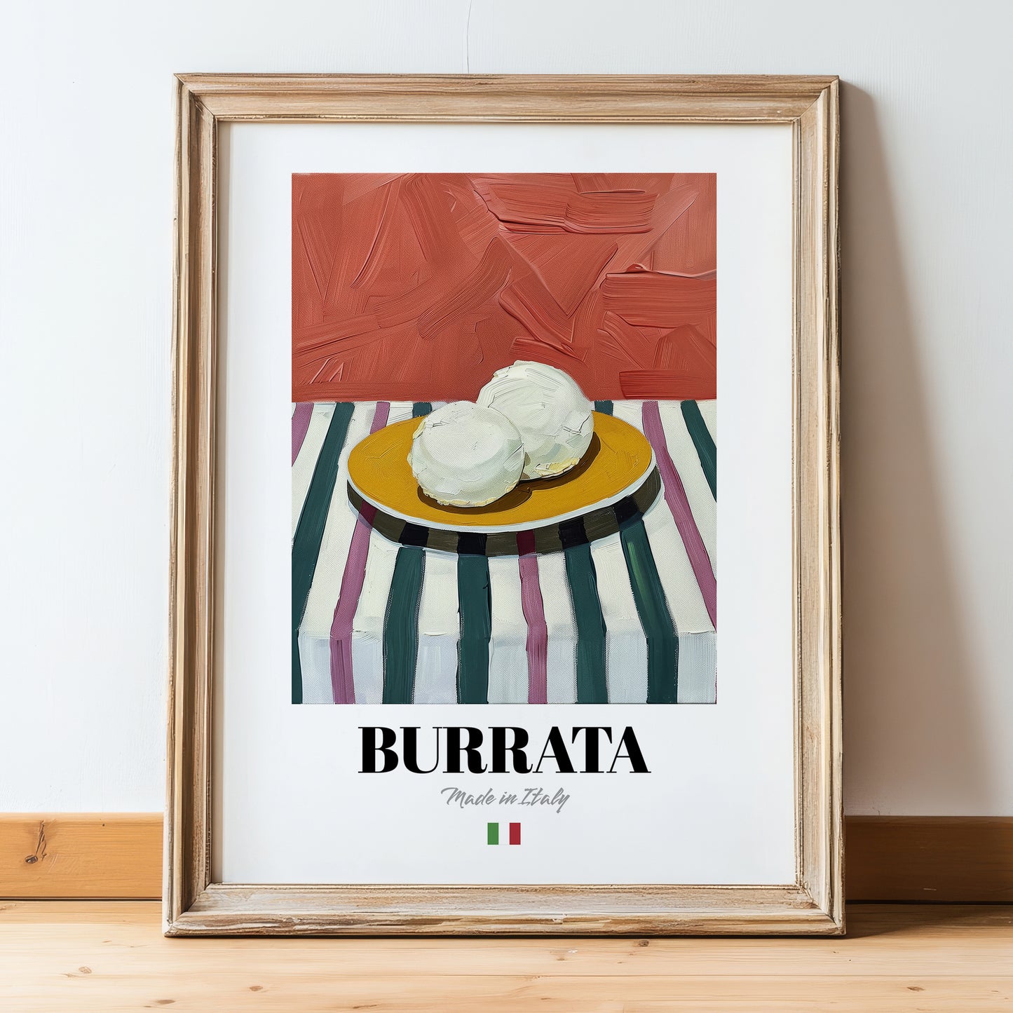 Burrata – Italian Cheese Dish, Fine Dining Restaurant Poster, in wooden frame leaning on the floor
