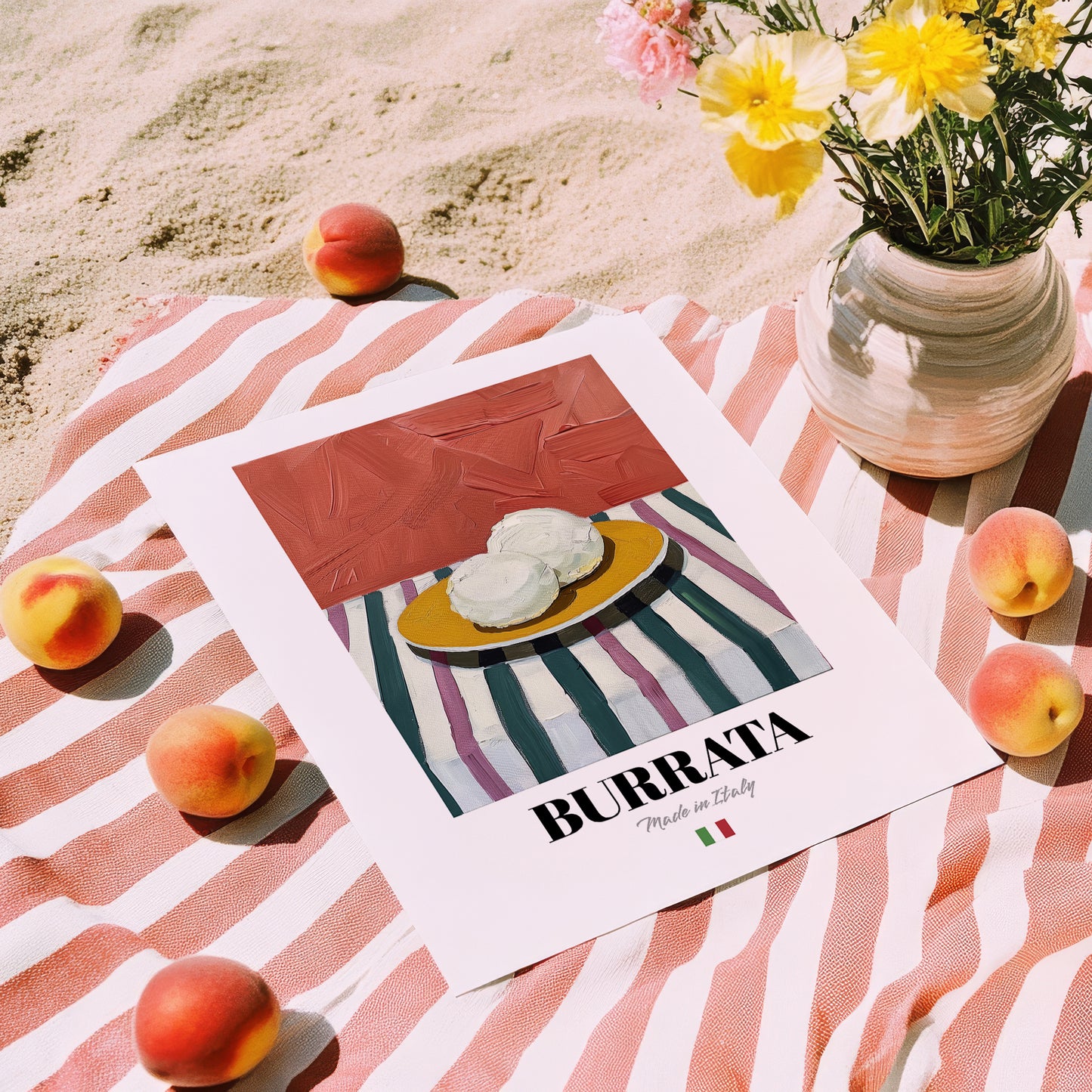 Burrata – Italian Cheese Dish, Fine Dining Restaurant Poster, unframed on coastal sand