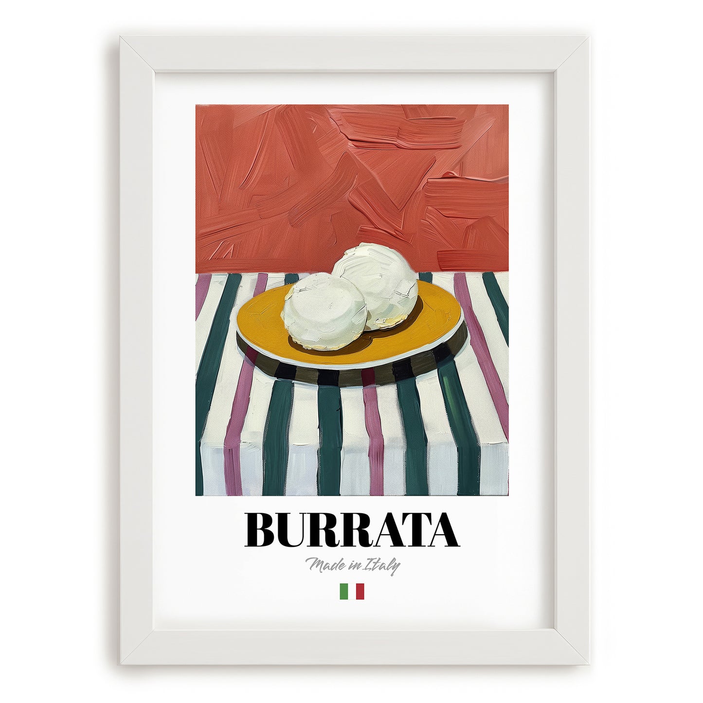 Burrata – Italian Cheese Dish, Fine Dining Restaurant Poster, placed in minimal white frame
