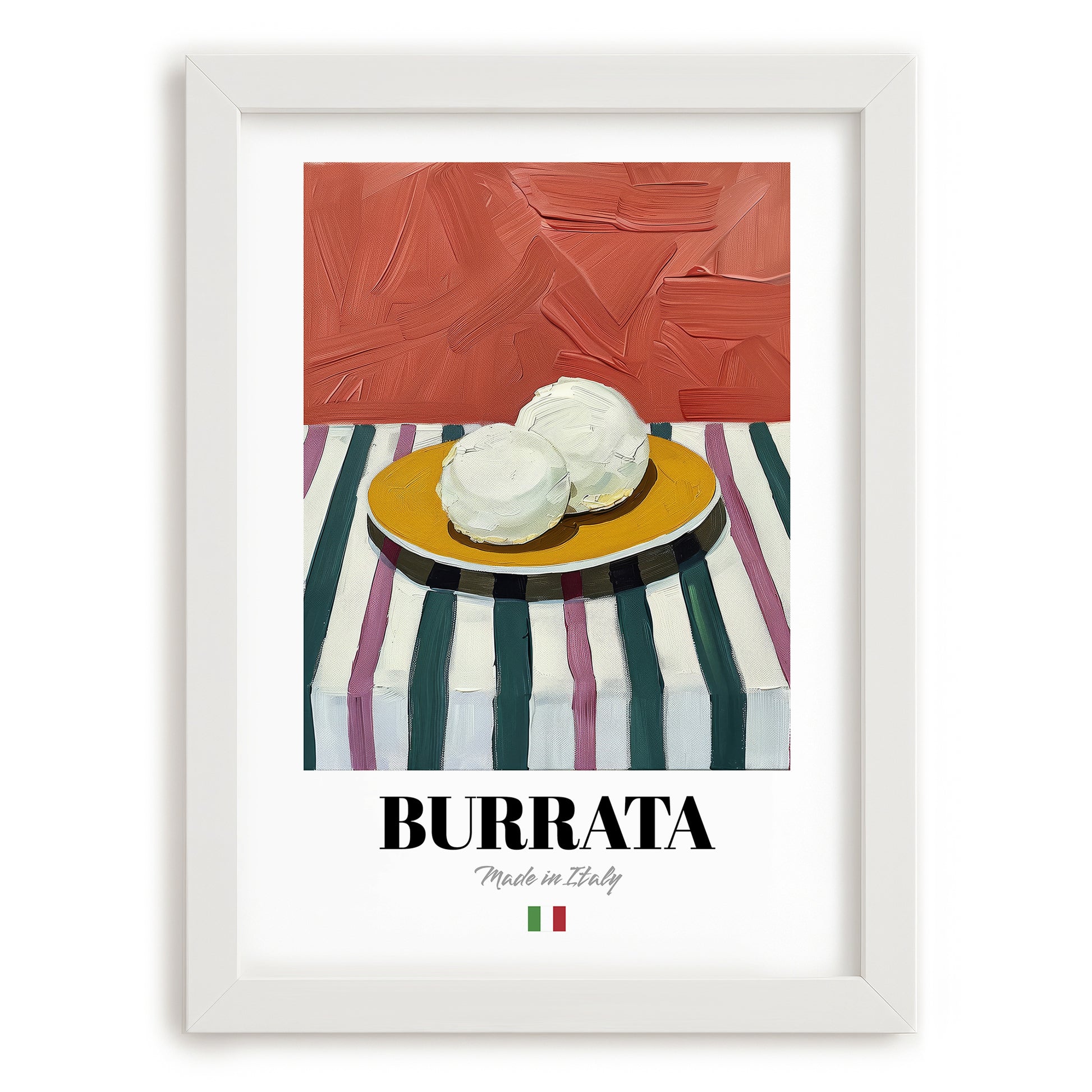 Burrata – Italian Cheese Dish, Fine Dining Restaurant Poster, placed in minimal white frame