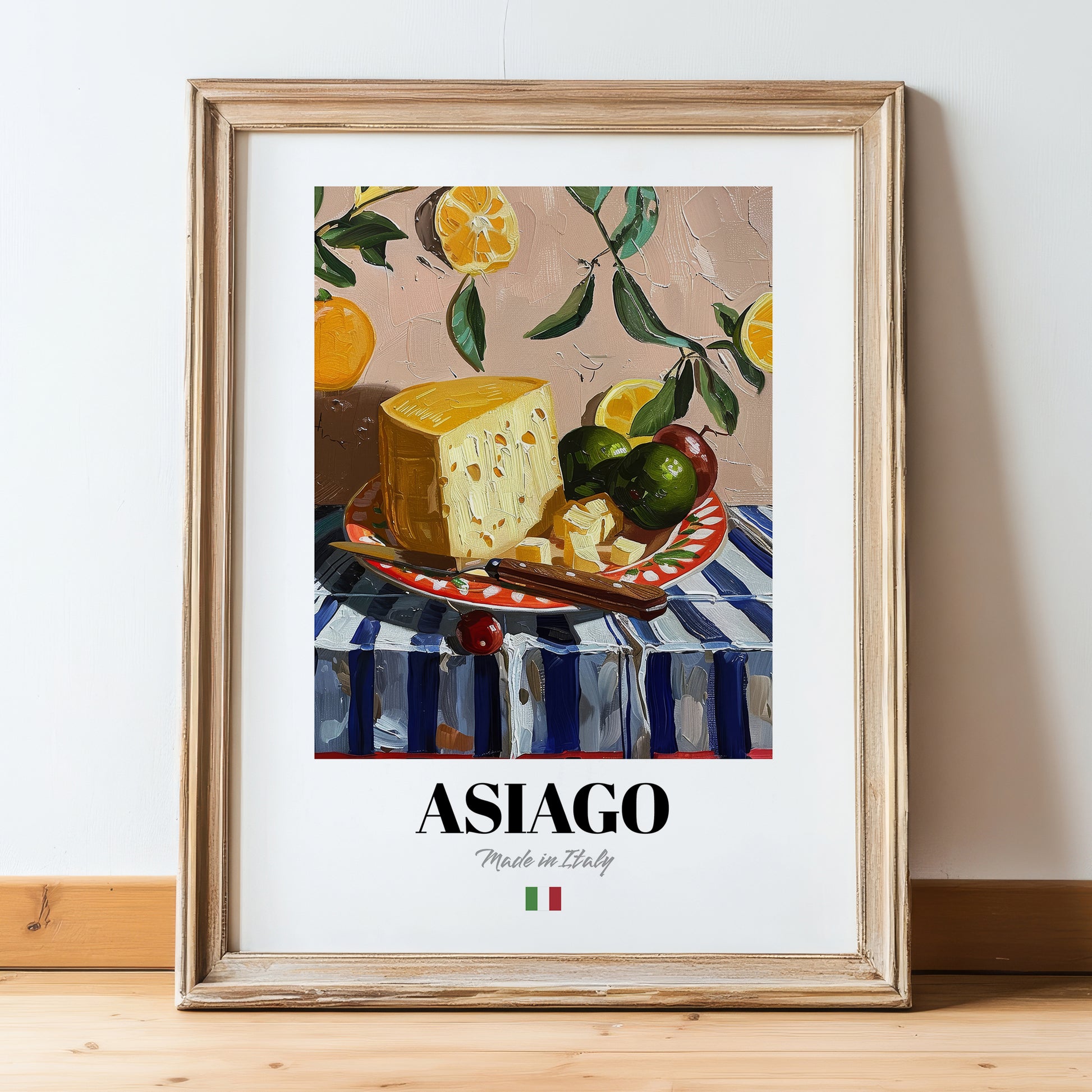 Asiago – Italian Cheese Dish, Café Wall Art, in wooden frame leaning on the floor