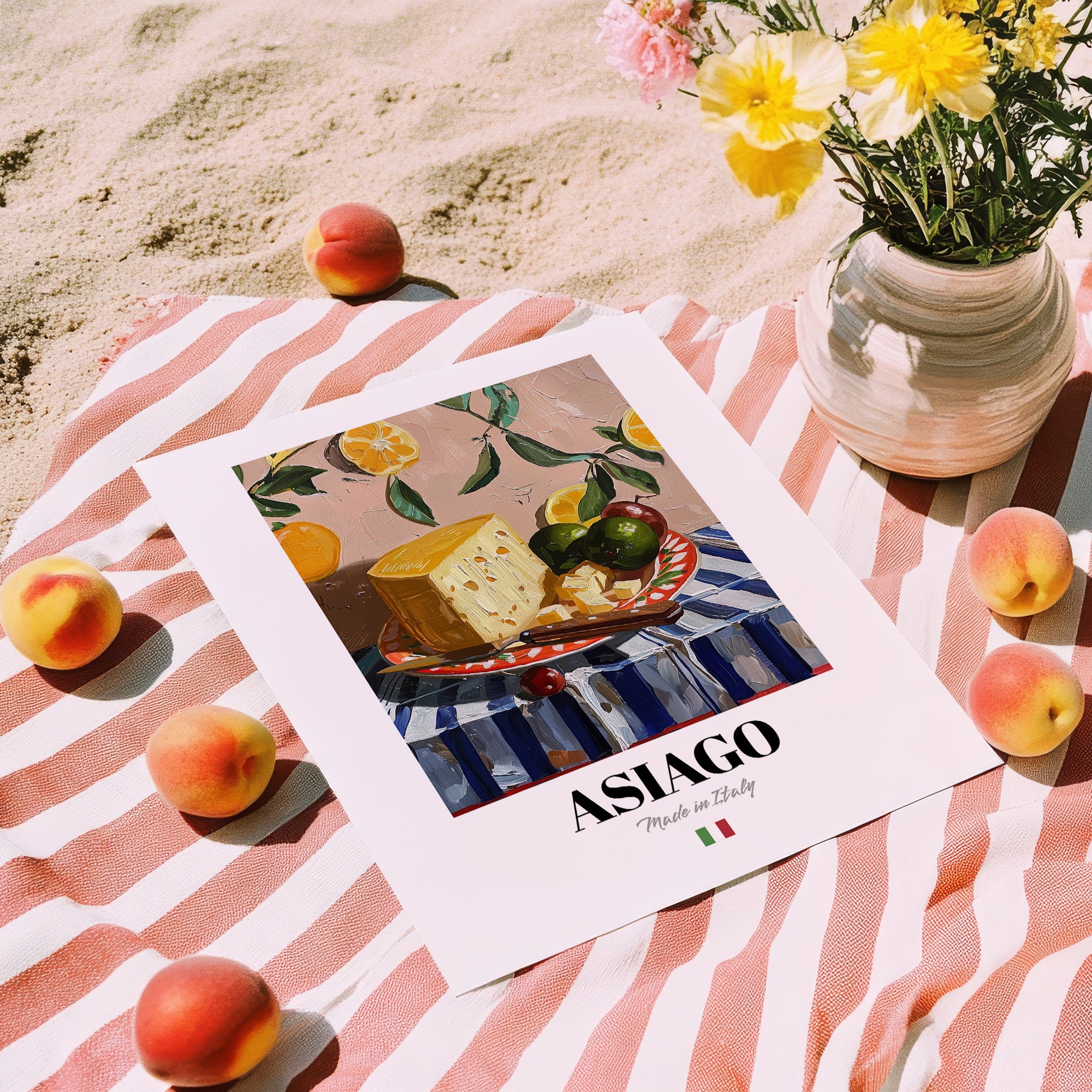 Asiago – Italian Cheese Dish, Café Wall Art, unframed on coastal sand
