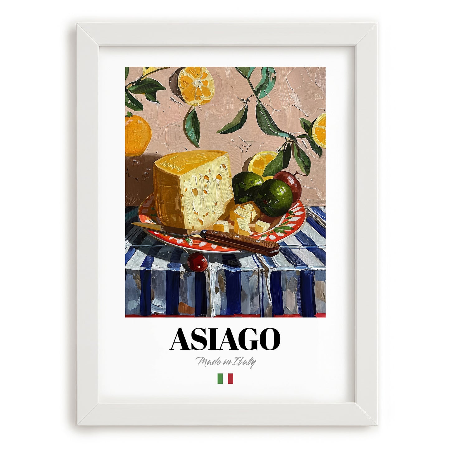 Asiago – Italian Cheese Dish, Café Wall Art, placed in minimal white frame