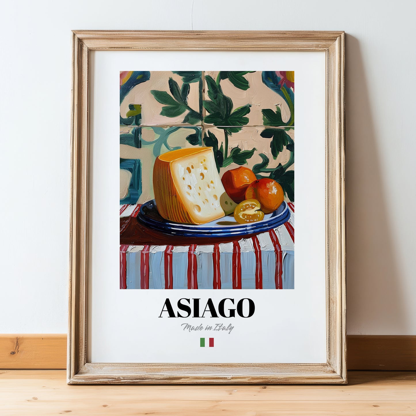Asiago – Italian Cheese Dish, Restaurant Wall Art, in wooden frame leaning on the floor