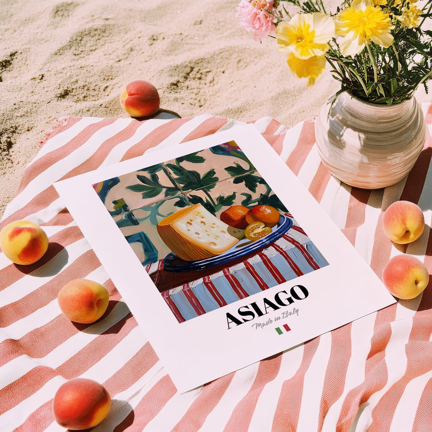 Asiago – Italian Cheese Dish, Restaurant Wall Art, unframed on coastal sand