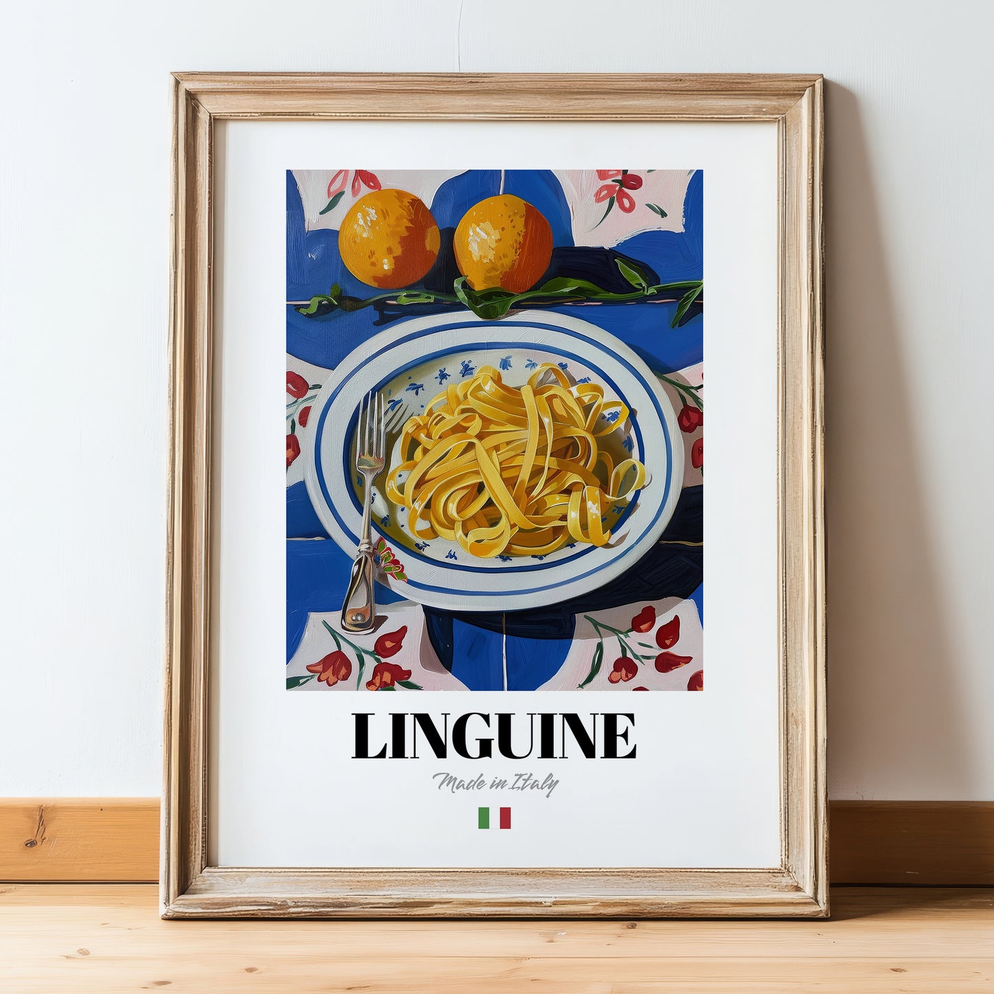 Linguine – Italian Pasta, Osteria Print, in wooden frame leaning on the floor
