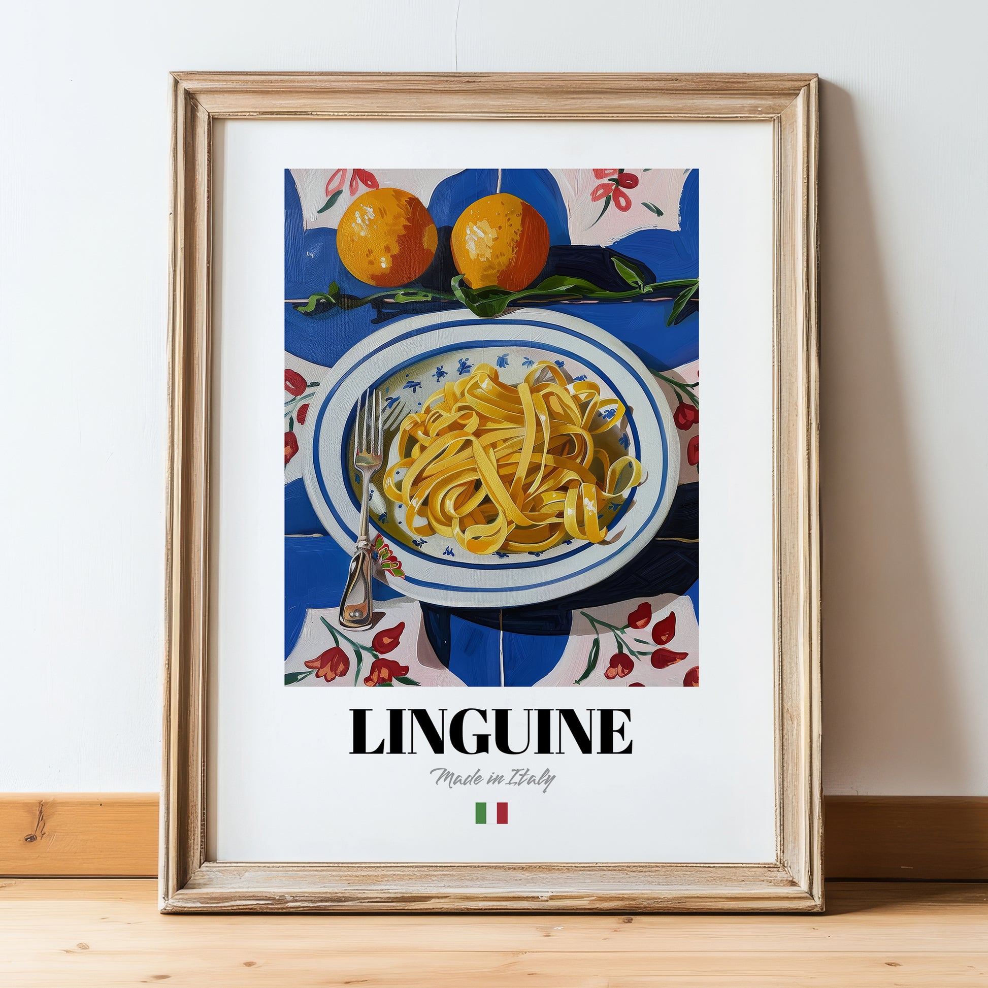 Linguine – Italian Pasta, Osteria Print, in wooden frame leaning on the floor