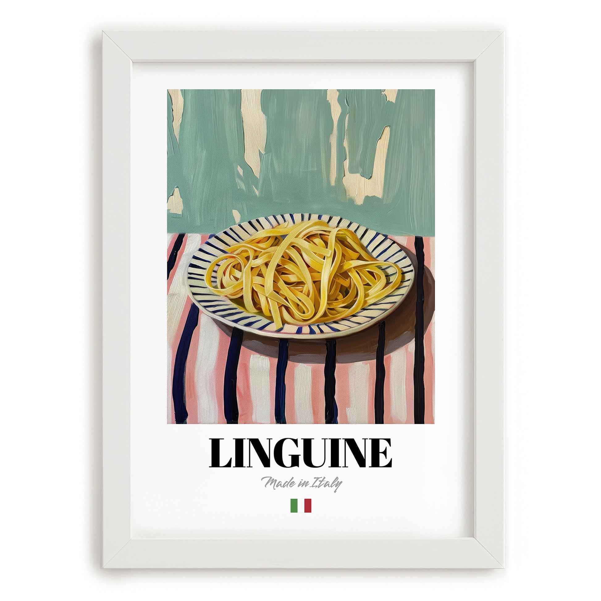 Linguine – Italian Pasta, Restaurant Wall Decor, placed in minimal white frame