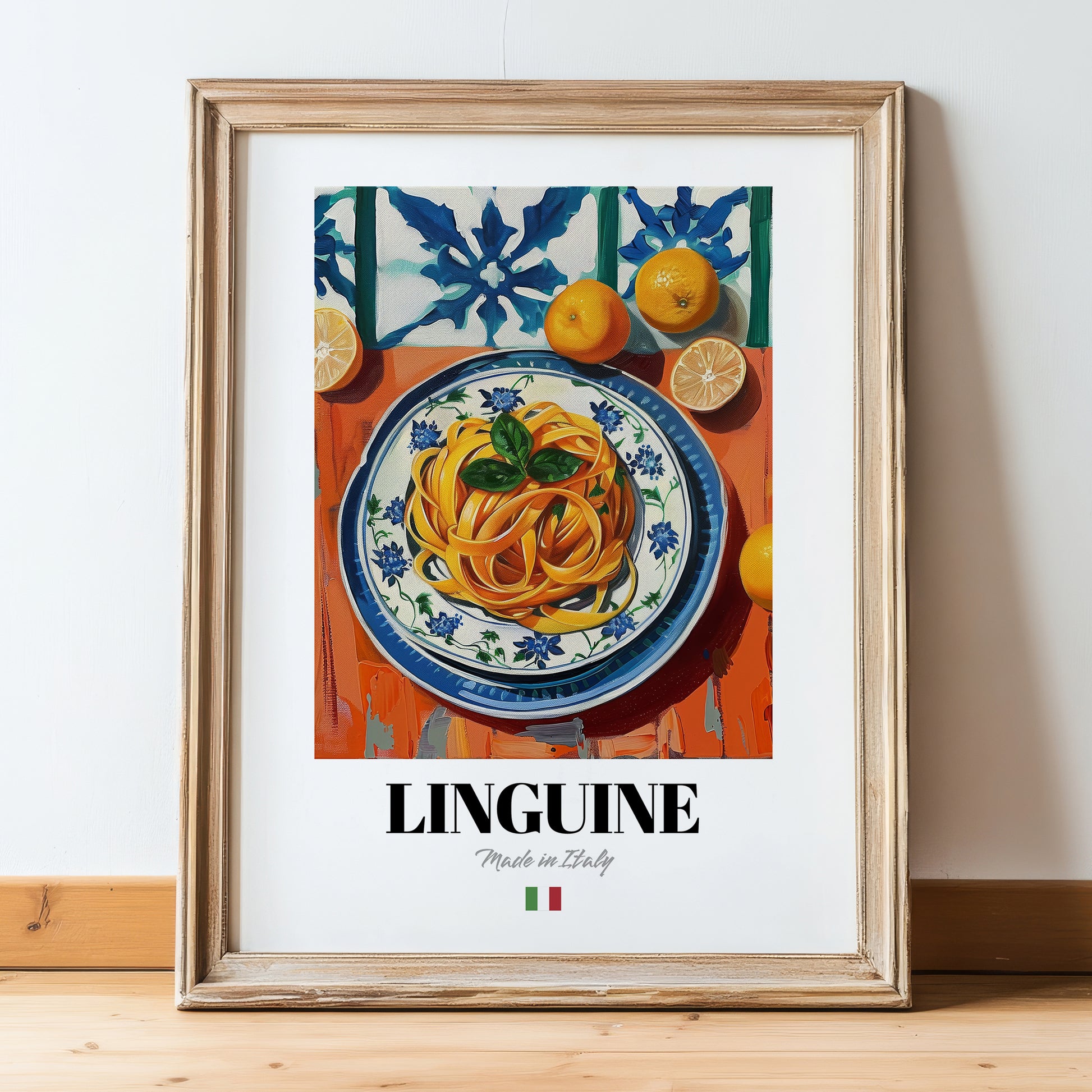 Linguine – Italian Pasta, Ristorante Poster, in wooden frame leaning on the floor