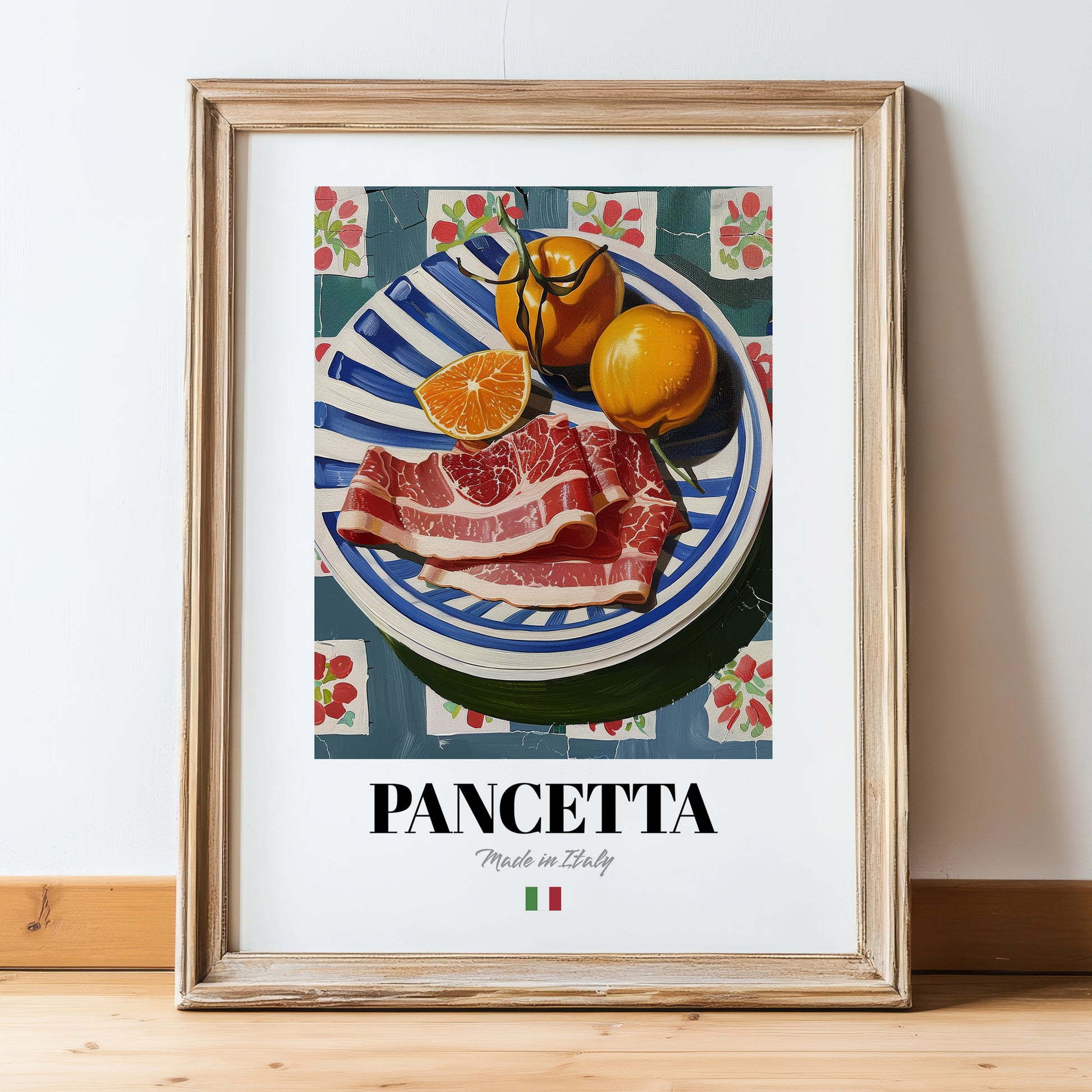 Pancetta – Italian Meat Dish, Café Painting, in wooden frame leaning on the floor