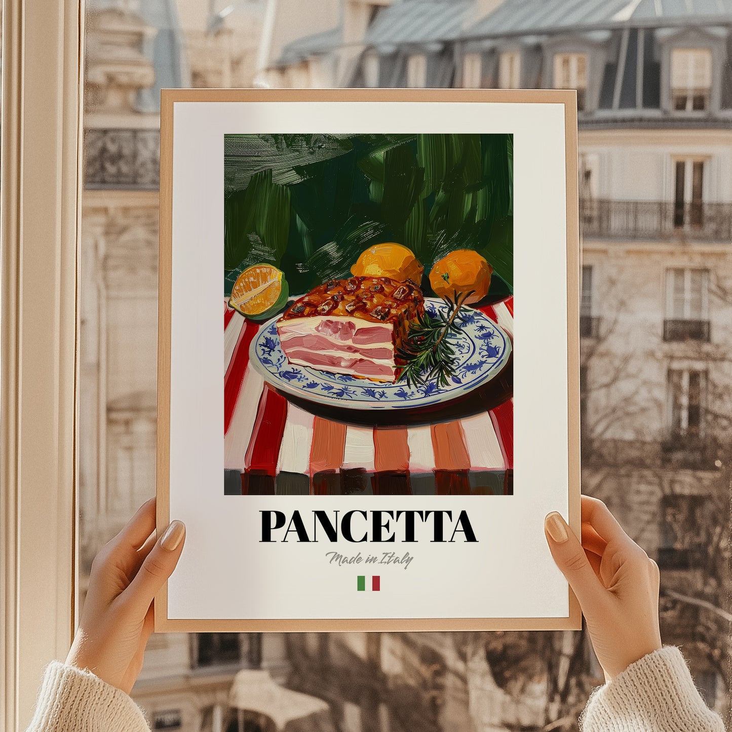 Pancetta – Italian Meat Dish, Restaurant Poster, styled in a charming Paris street view