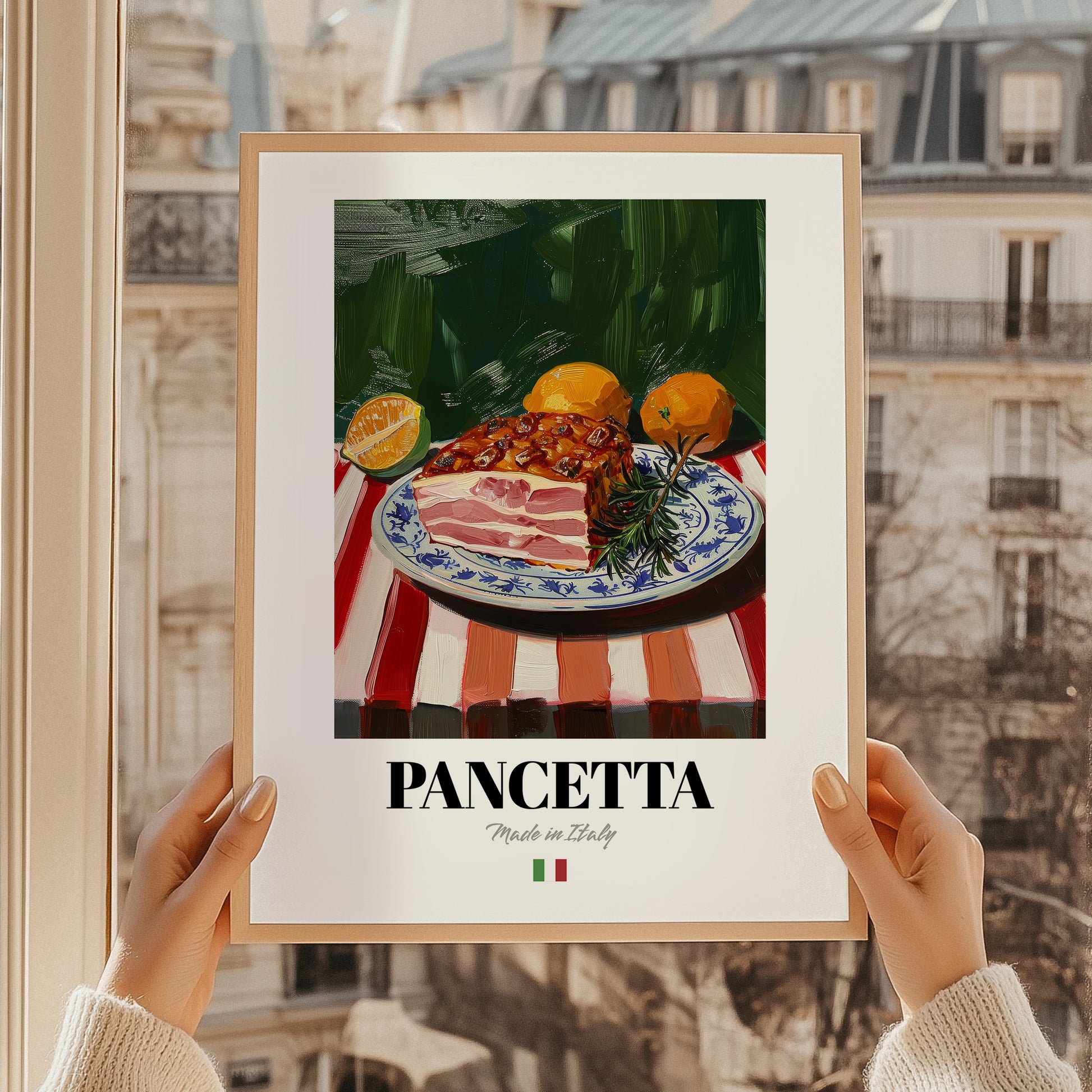 Pancetta – Italian Meat Dish, Restaurant Poster, styled in a charming Paris street view
