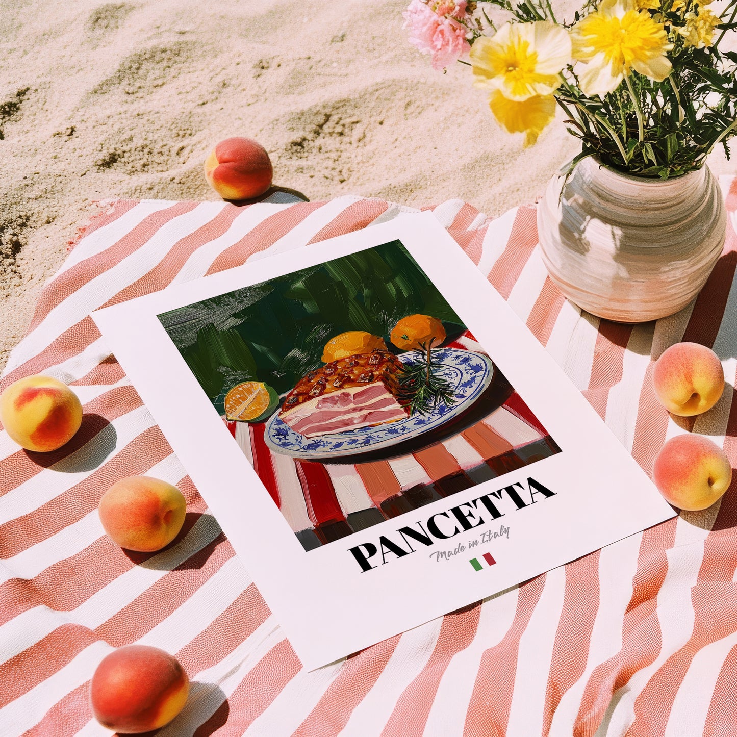 Pancetta – Italian Meat Dish, Restaurant Poster, unframed on coastal sand