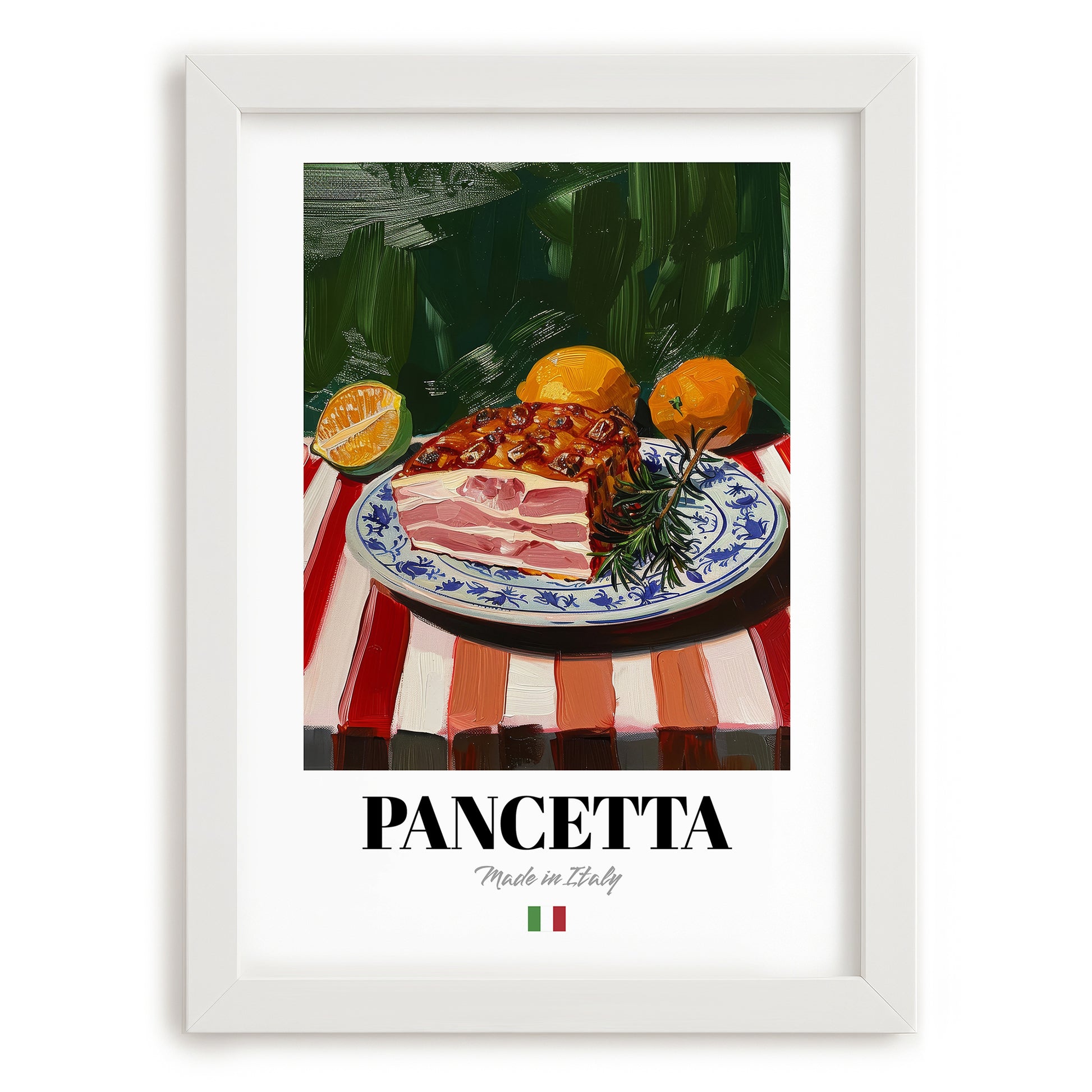 Pancetta – Italian Meat Dish, Restaurant Poster, placed in minimal white frame