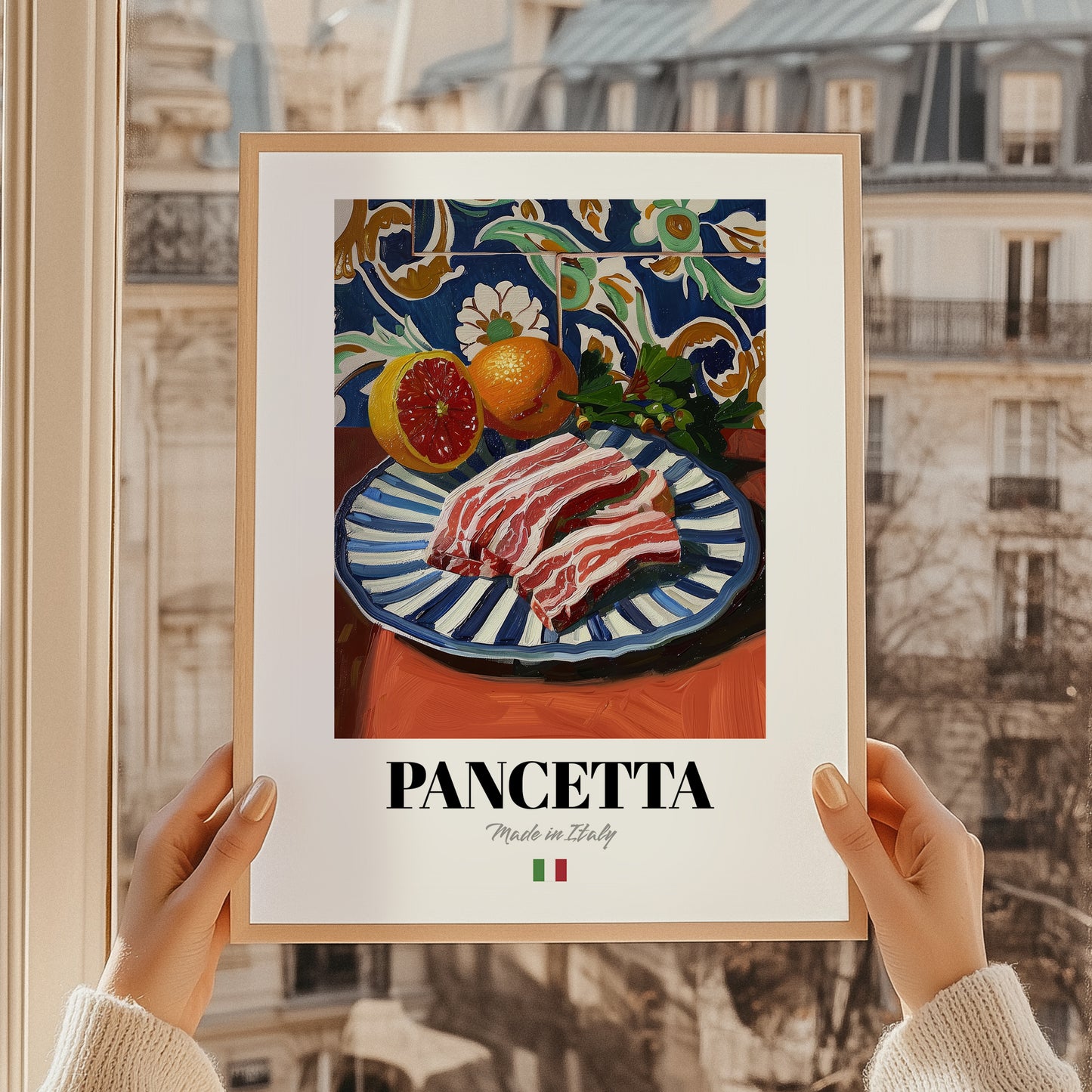 Pancetta – Italian Meat Dish, Restaurant Illustration, styled in a charming Paris street view