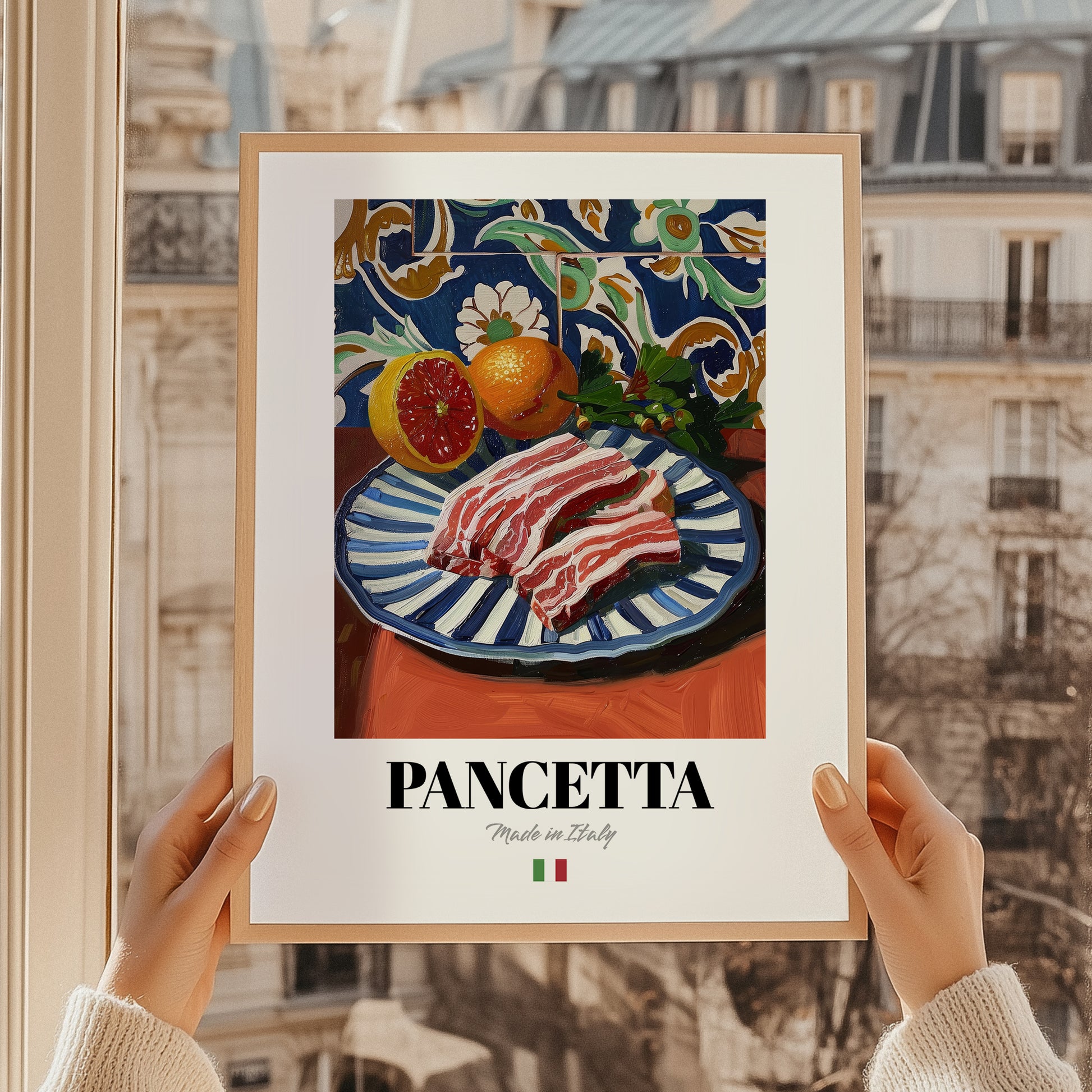 Pancetta – Italian Meat Dish, Restaurant Illustration, styled in a charming Paris street view