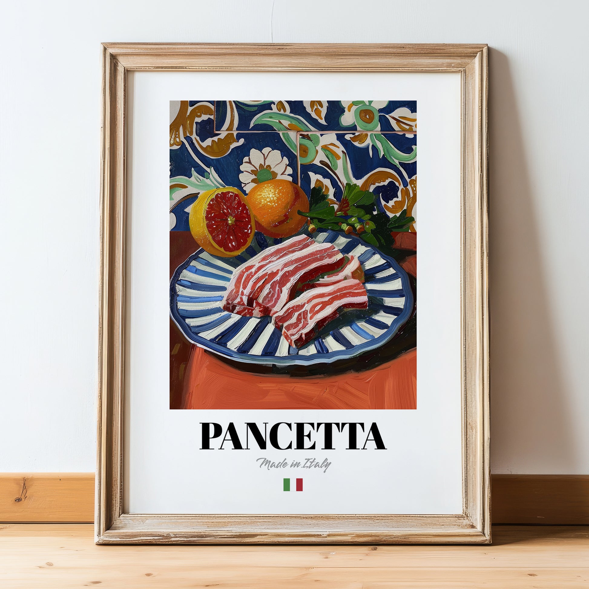 Pancetta – Italian Meat Dish, Restaurant Illustration, in wooden frame leaning on the floor