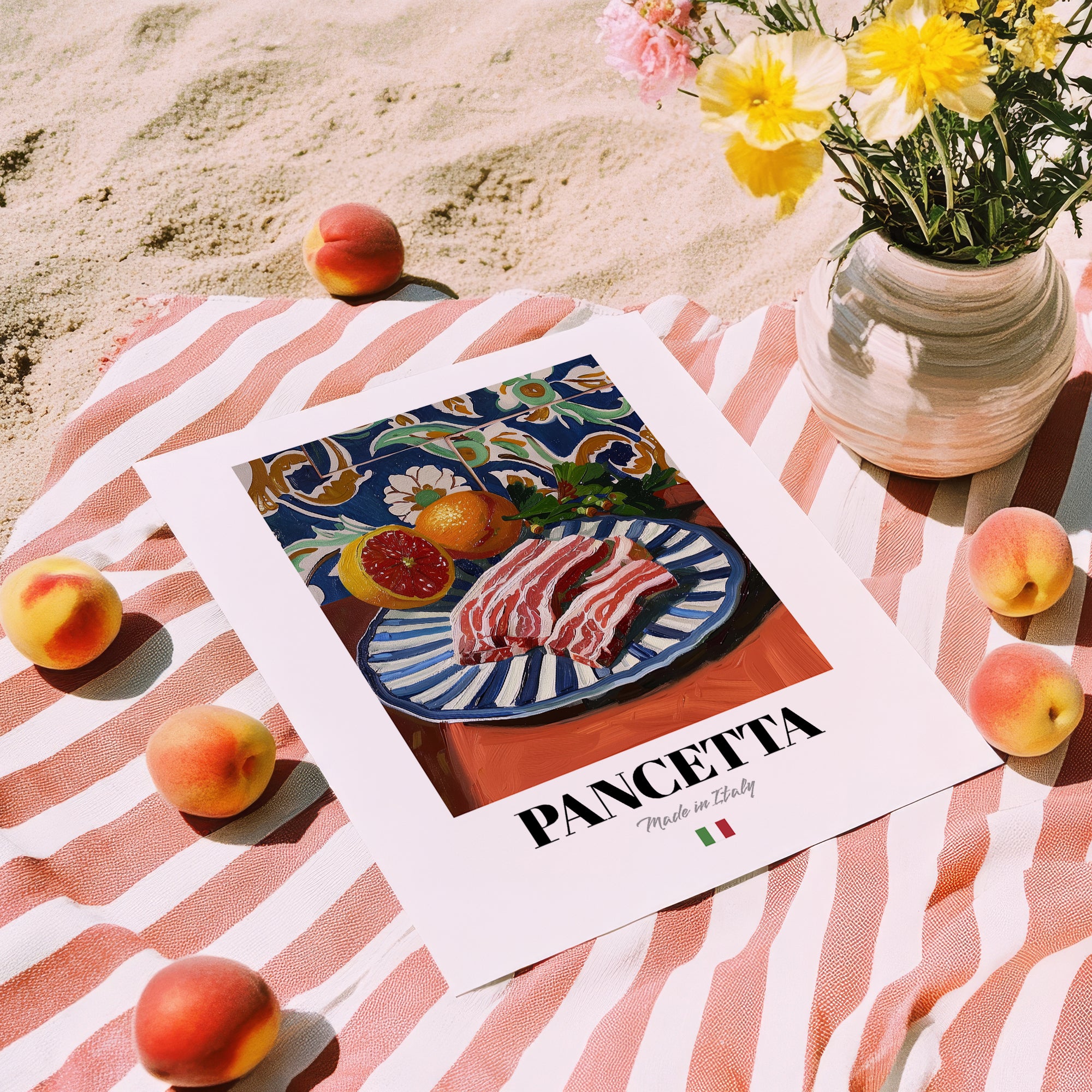 Pancetta – Italian Meat Dish, Restaurant Illustration, unframed on coastal sand