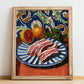 Pancetta – Italian Meat Dish, Restaurant Illustration, no-text version framed in wood
