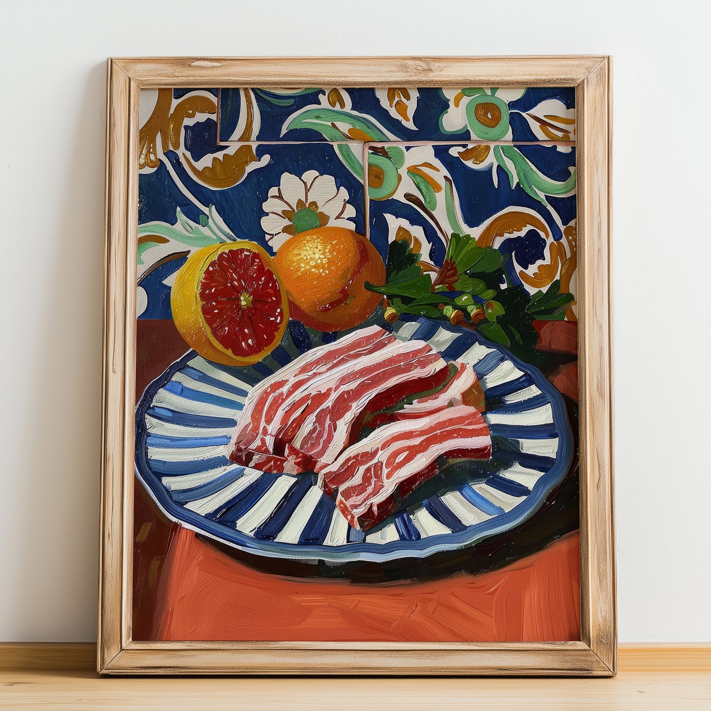 Pancetta – Italian Meat Dish, Restaurant Illustration, no-text version framed in wood