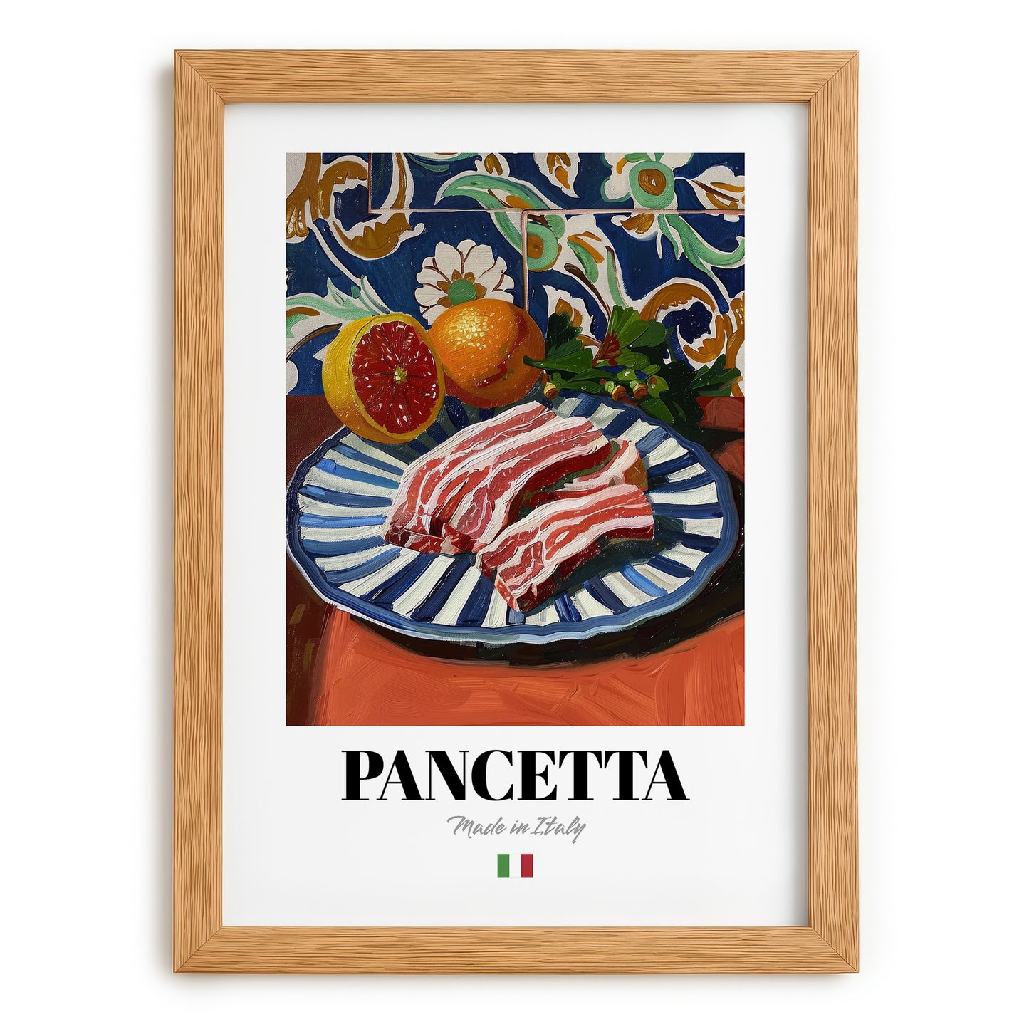 Pancetta – Italian Meat Dish, Restaurant Illustration, set in oak frame