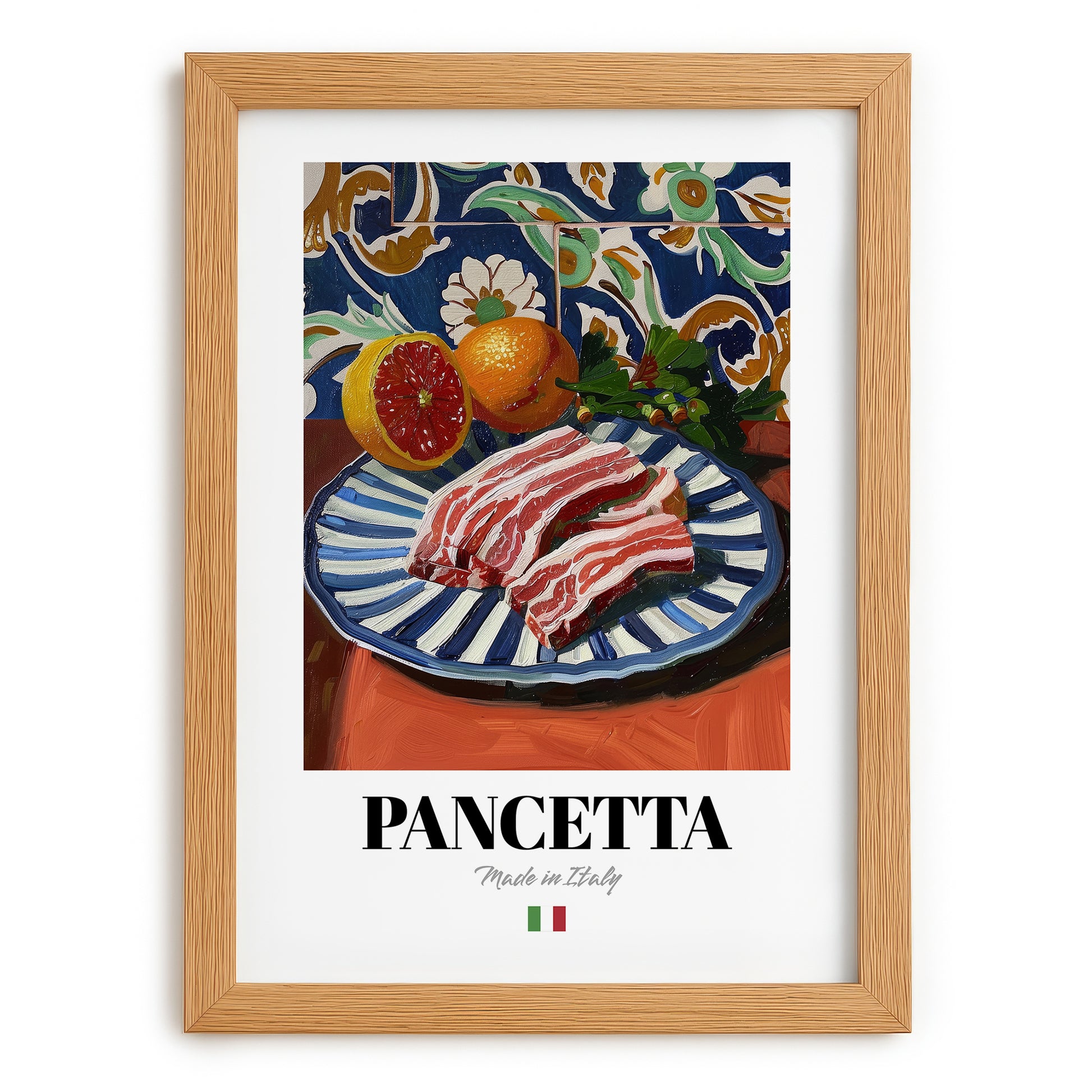 Pancetta – Italian Meat Dish, Restaurant Illustration, set in oak frame