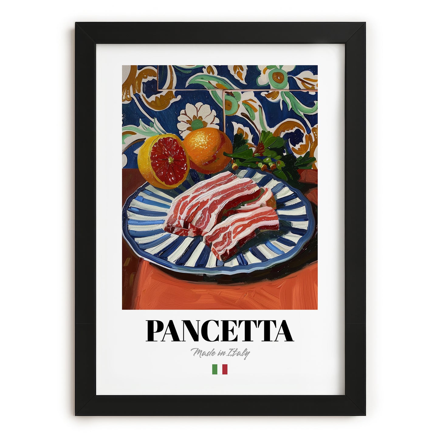 Pancetta – Italian Meat Dish, Restaurant Illustration, in sleek black frame
