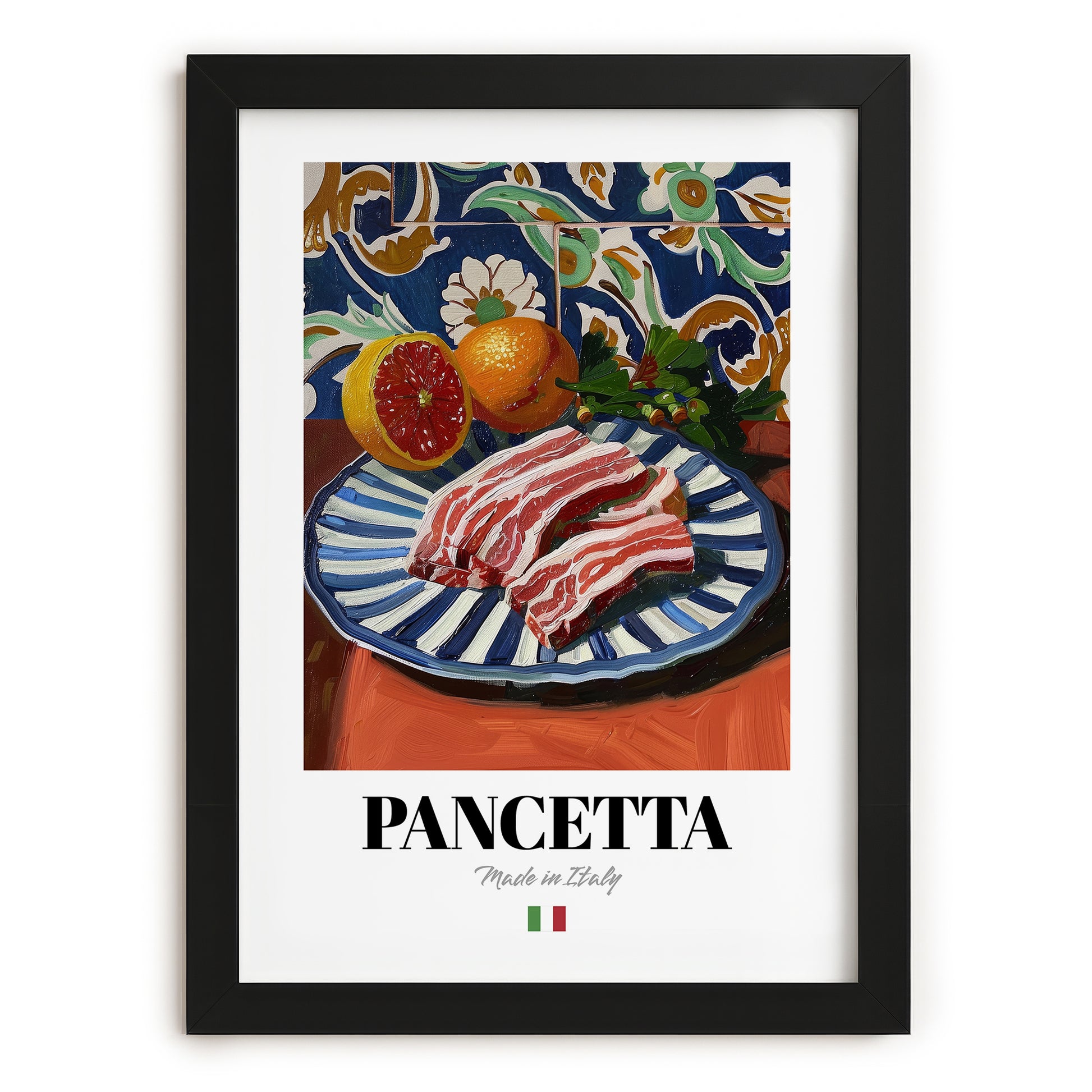 Pancetta – Italian Meat Dish, Restaurant Illustration, in sleek black frame