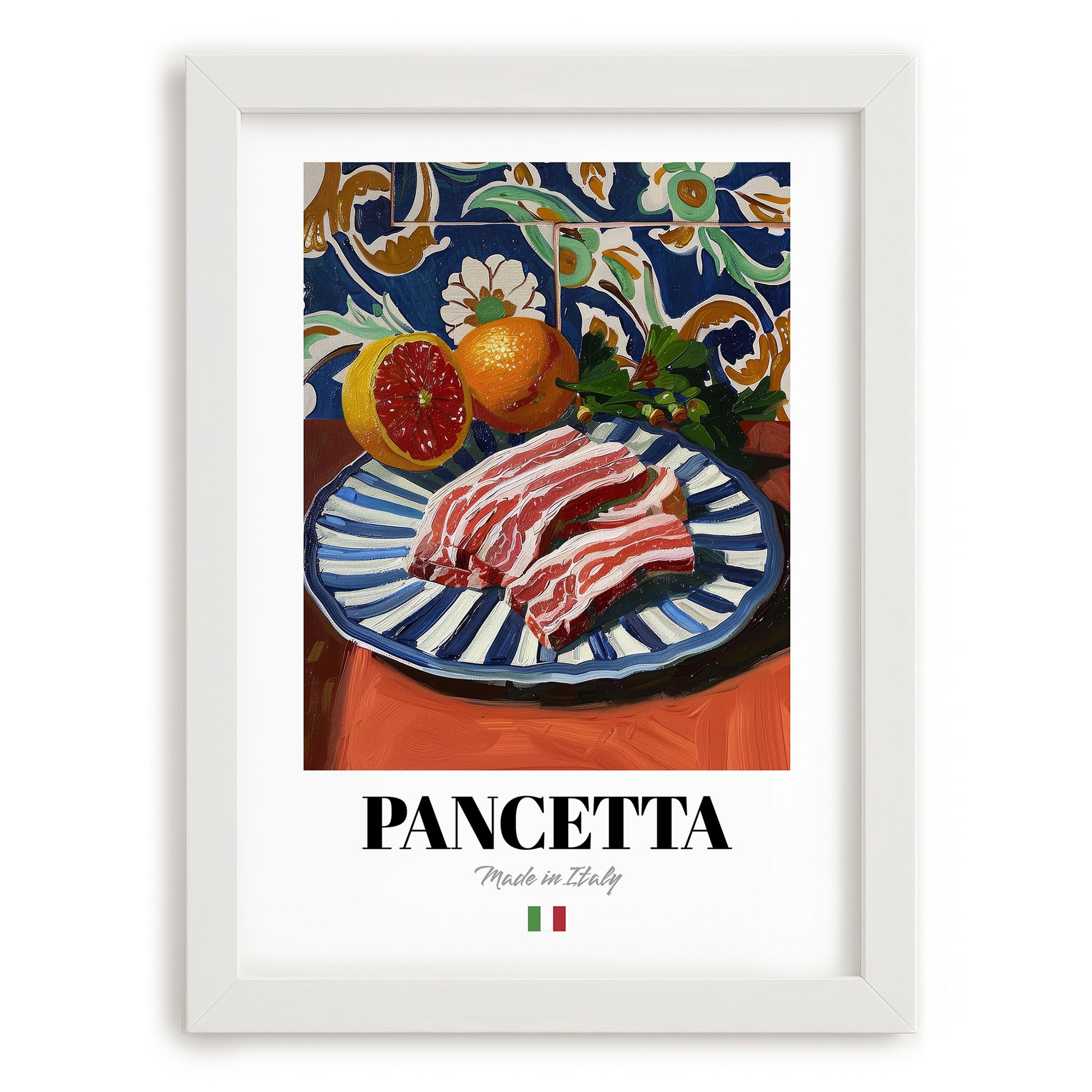 Pancetta – Italian Meat Dish, Restaurant Illustration, placed in minimal white frame