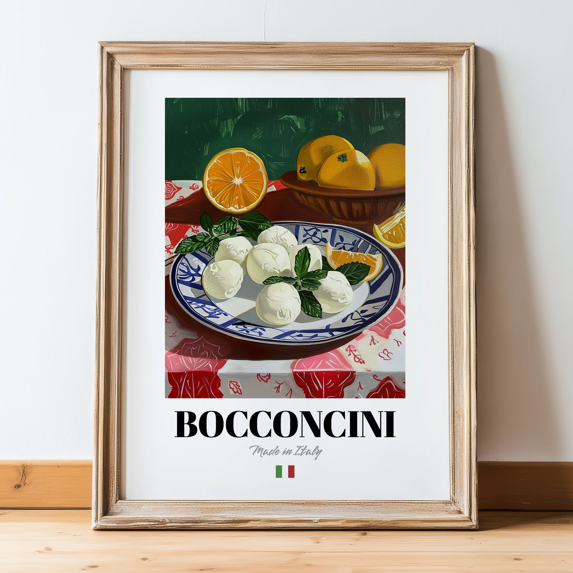 Bocconcini – Italian Cheese Dish, Restaurant Wall Art, in wooden frame leaning on the floor