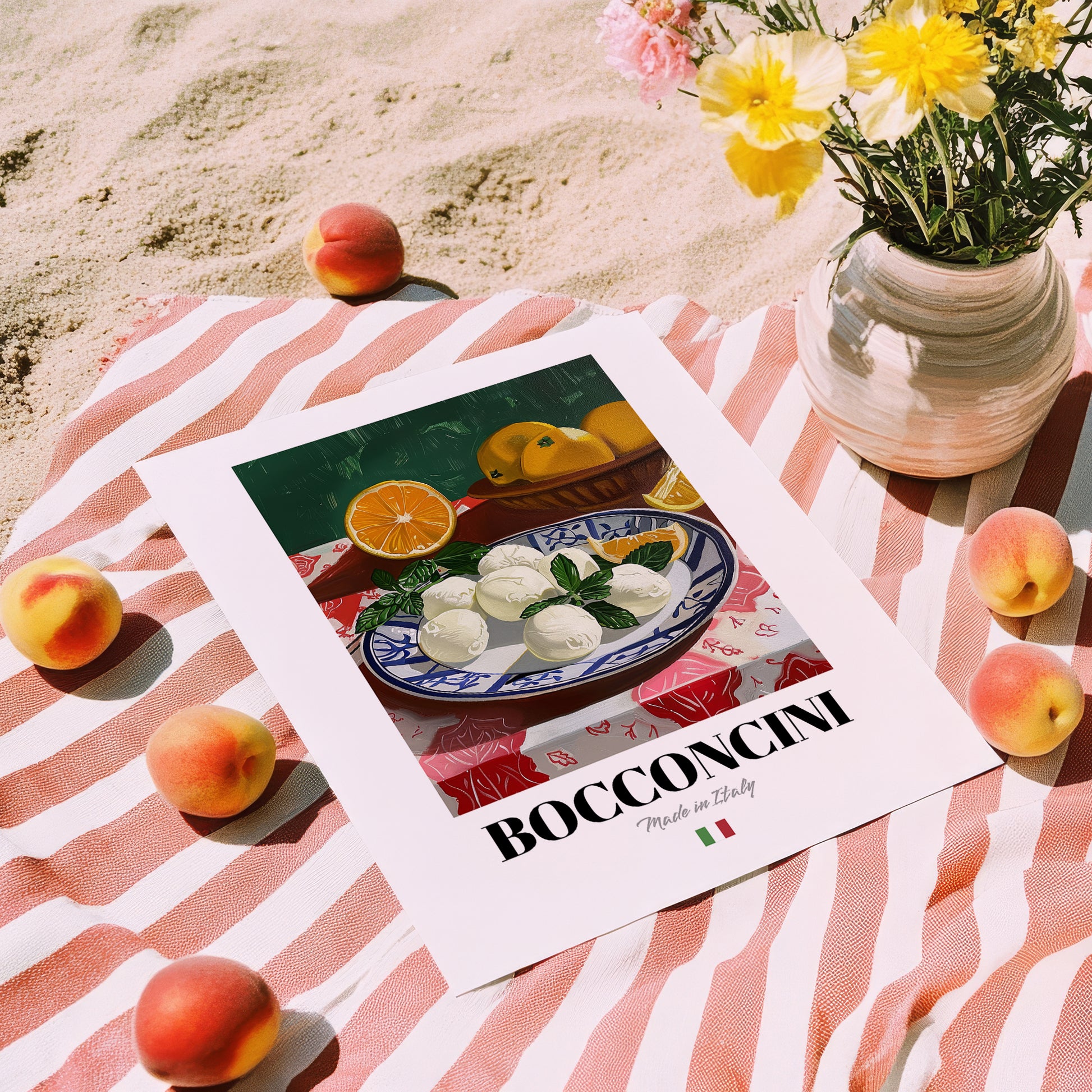 Bocconcini – Italian Cheese Dish, Restaurant Wall Art, unframed on coastal sand