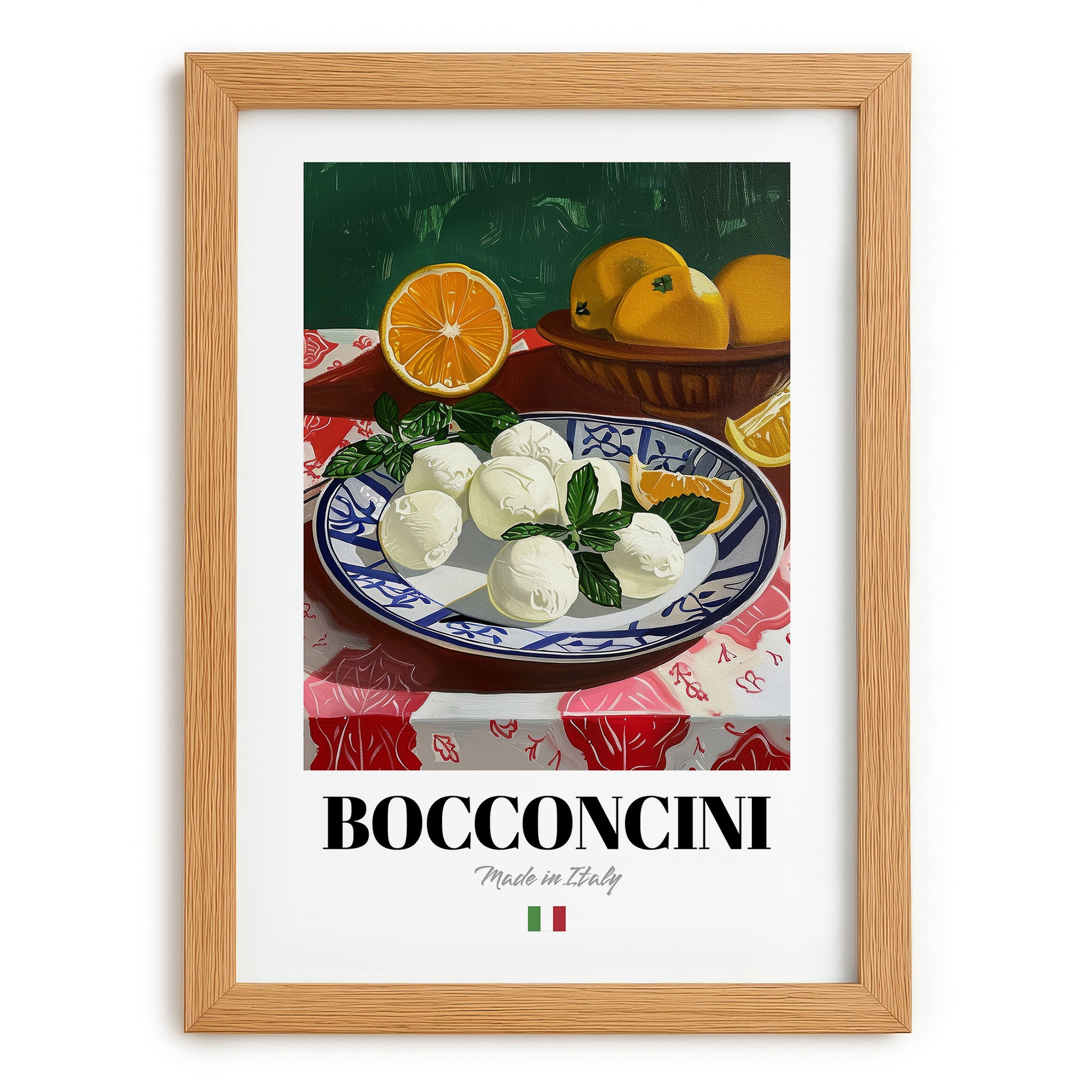 Bocconcini – Italian Cheese Dish, Restaurant Wall Art, set in oak frame