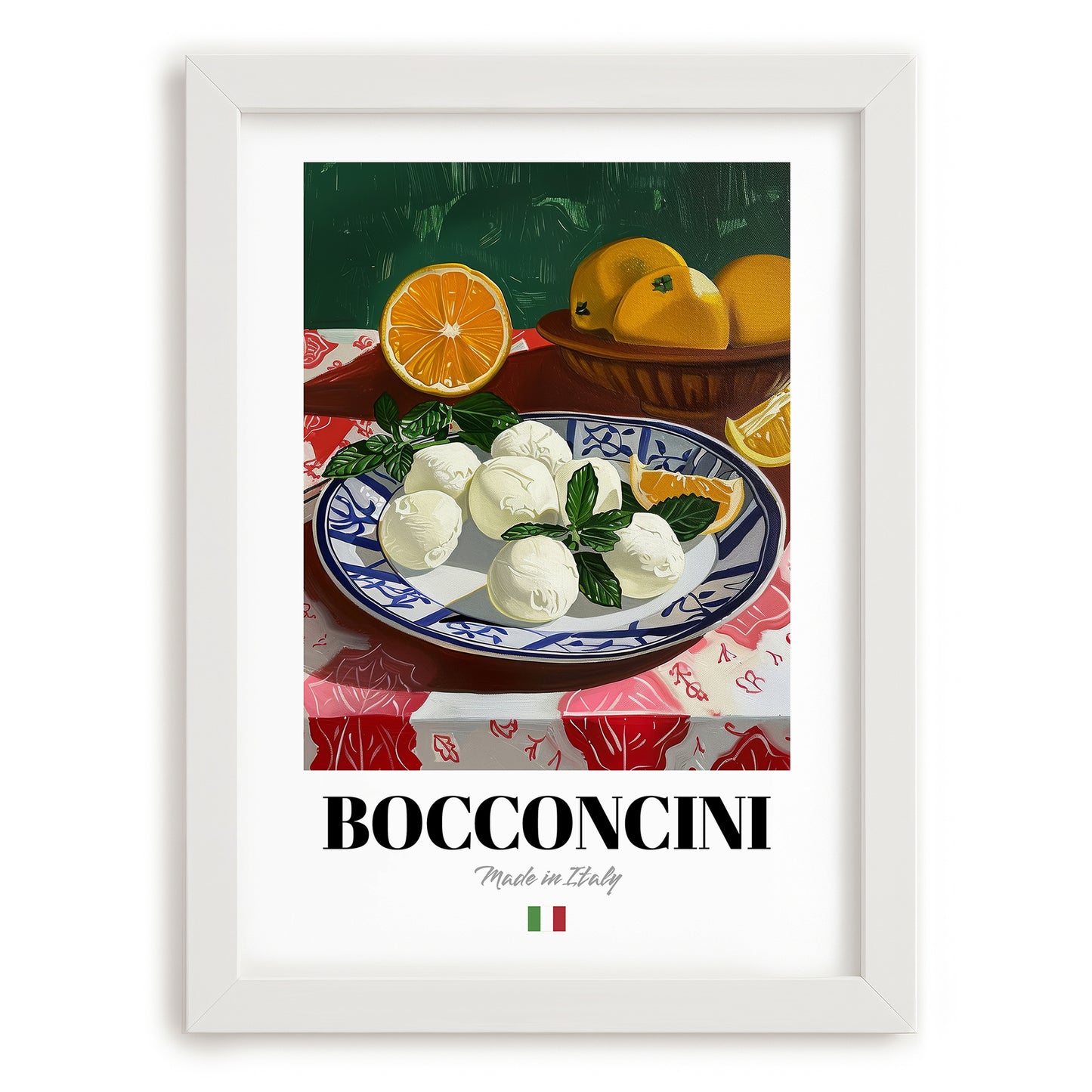 Bocconcini – Italian Cheese Dish, Restaurant Wall Art, placed in minimal white frame
