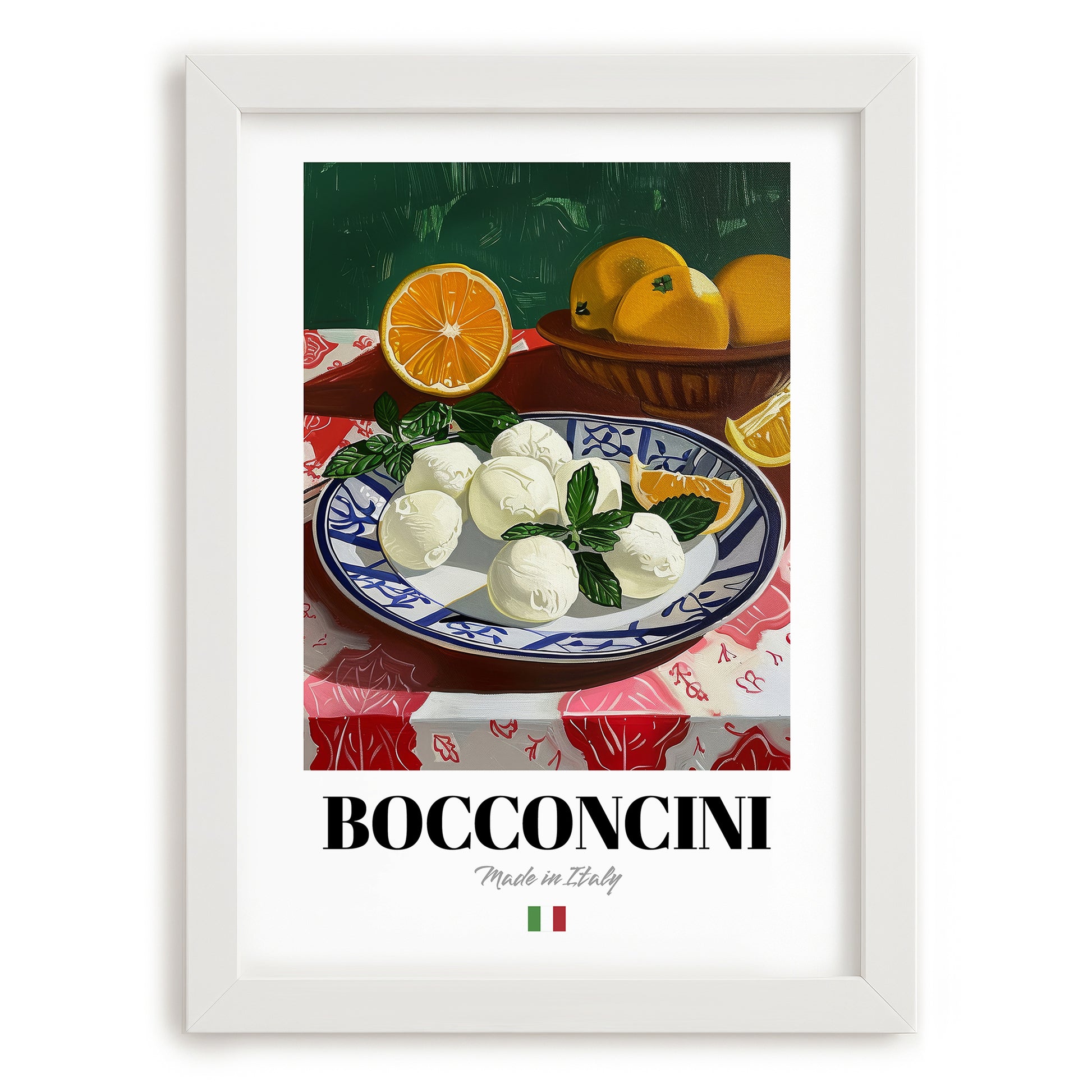 Bocconcini – Italian Cheese Dish, Restaurant Wall Art, placed in minimal white frame