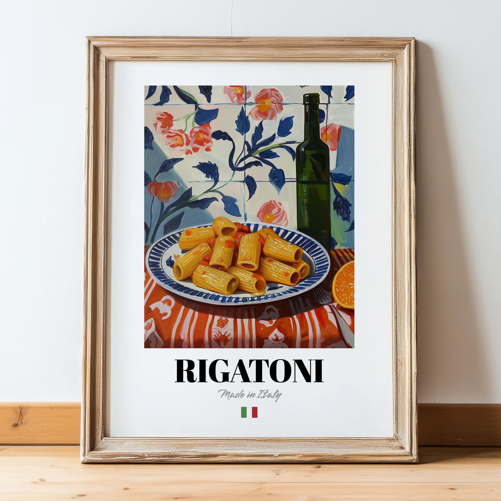 Rigatoni – Italian Pasta, Ristorante Poster, in wooden frame leaning on the floor