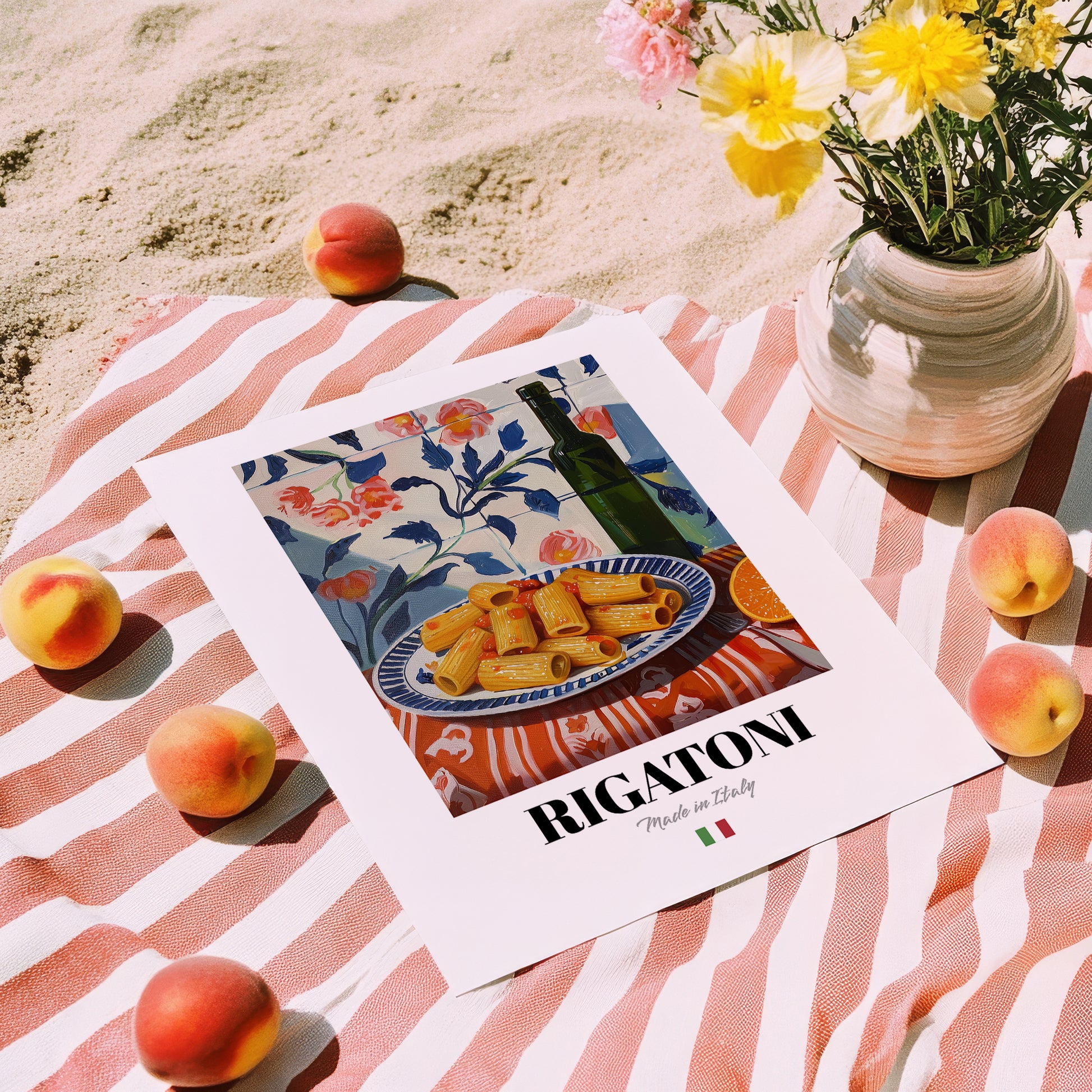 Rigatoni – Italian Pasta, Ristorante Poster, unframed on coastal sand